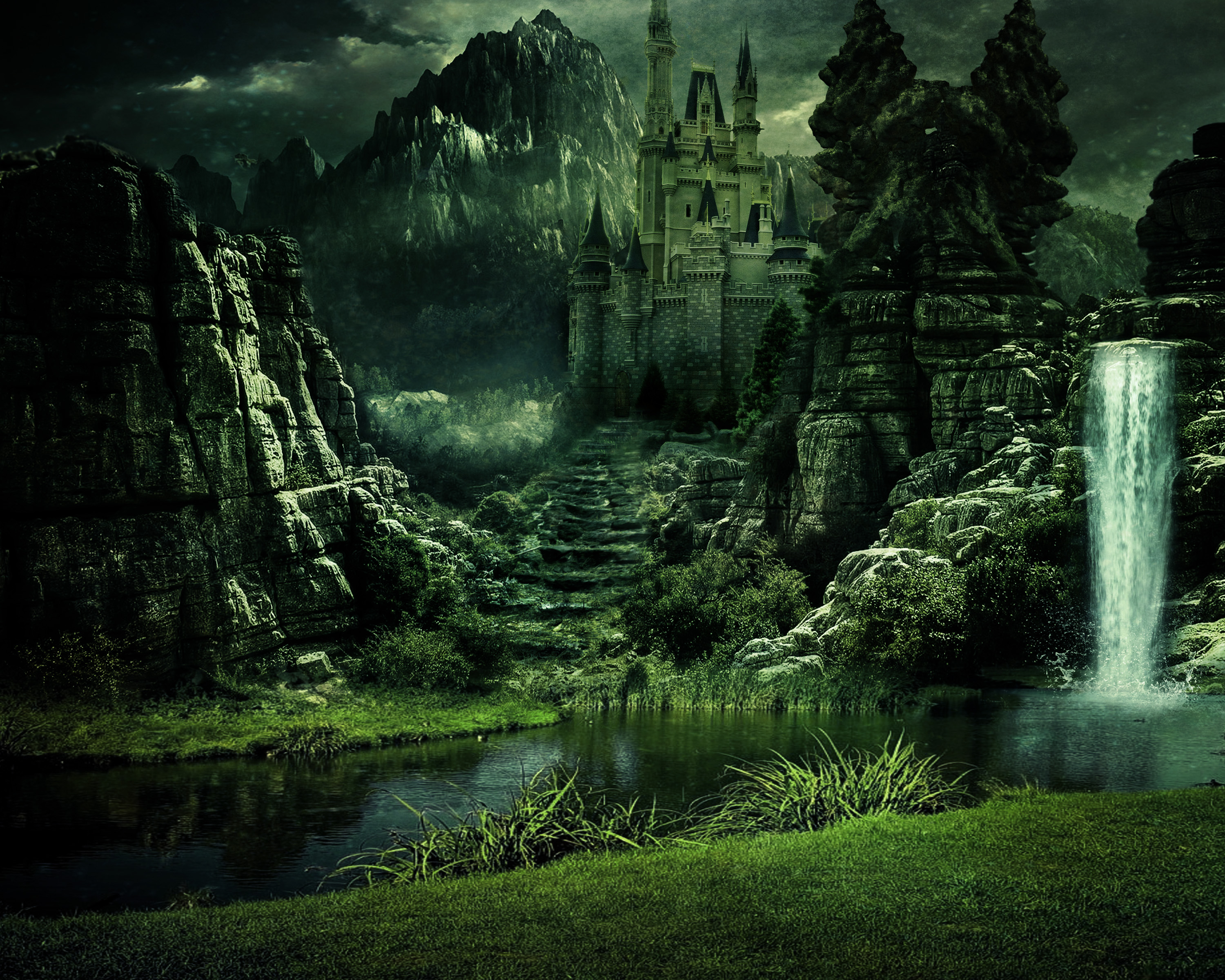 Download mobile wallpaper Landscape, Fantasy, Castles, Mountain, Waterfall, Castle for free.