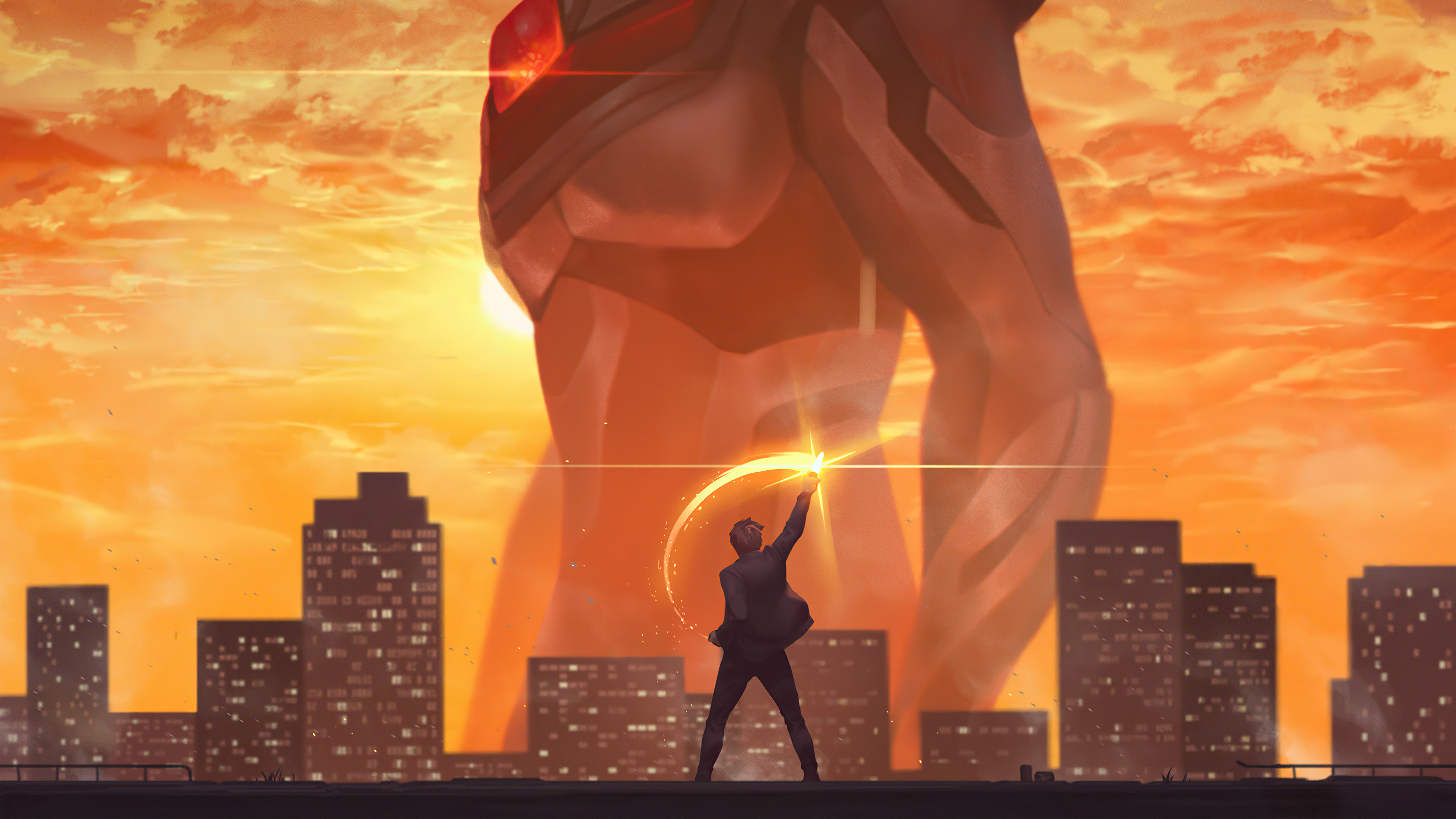 Download mobile wallpaper Anime, Sunset, City, Boy, Giant for free.