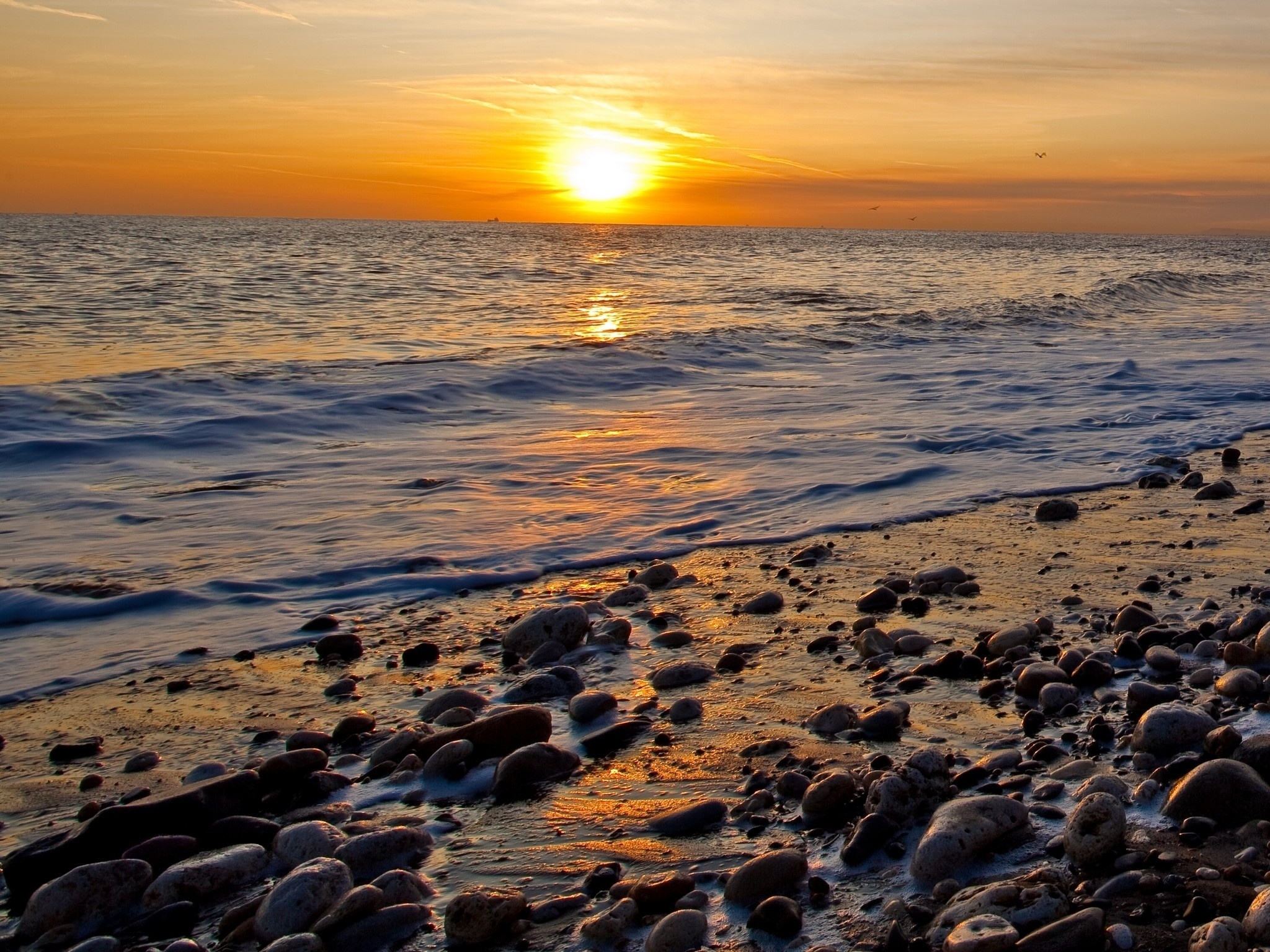 Free download wallpaper Sunset, Stones, Nature, Waves on your PC desktop