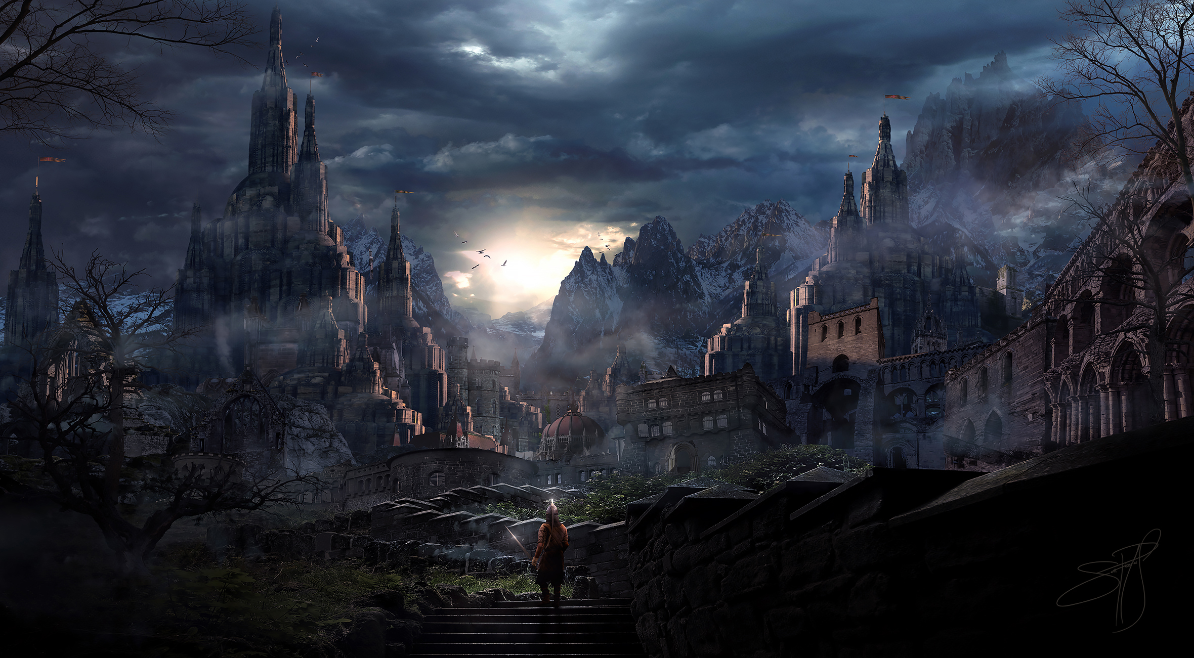 Free download wallpaper Fantasy, City, Building, Warrior on your PC desktop