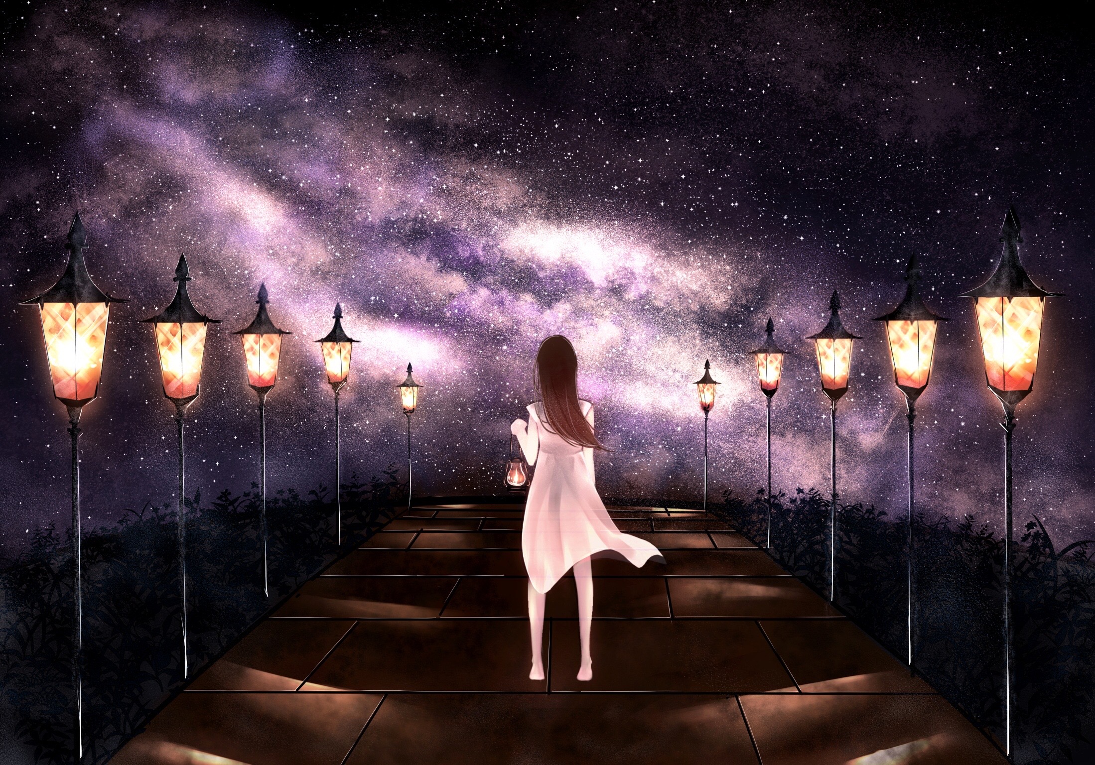 Download mobile wallpaper Anime, Sky, Stars, Night, Lantern, Girl for free.