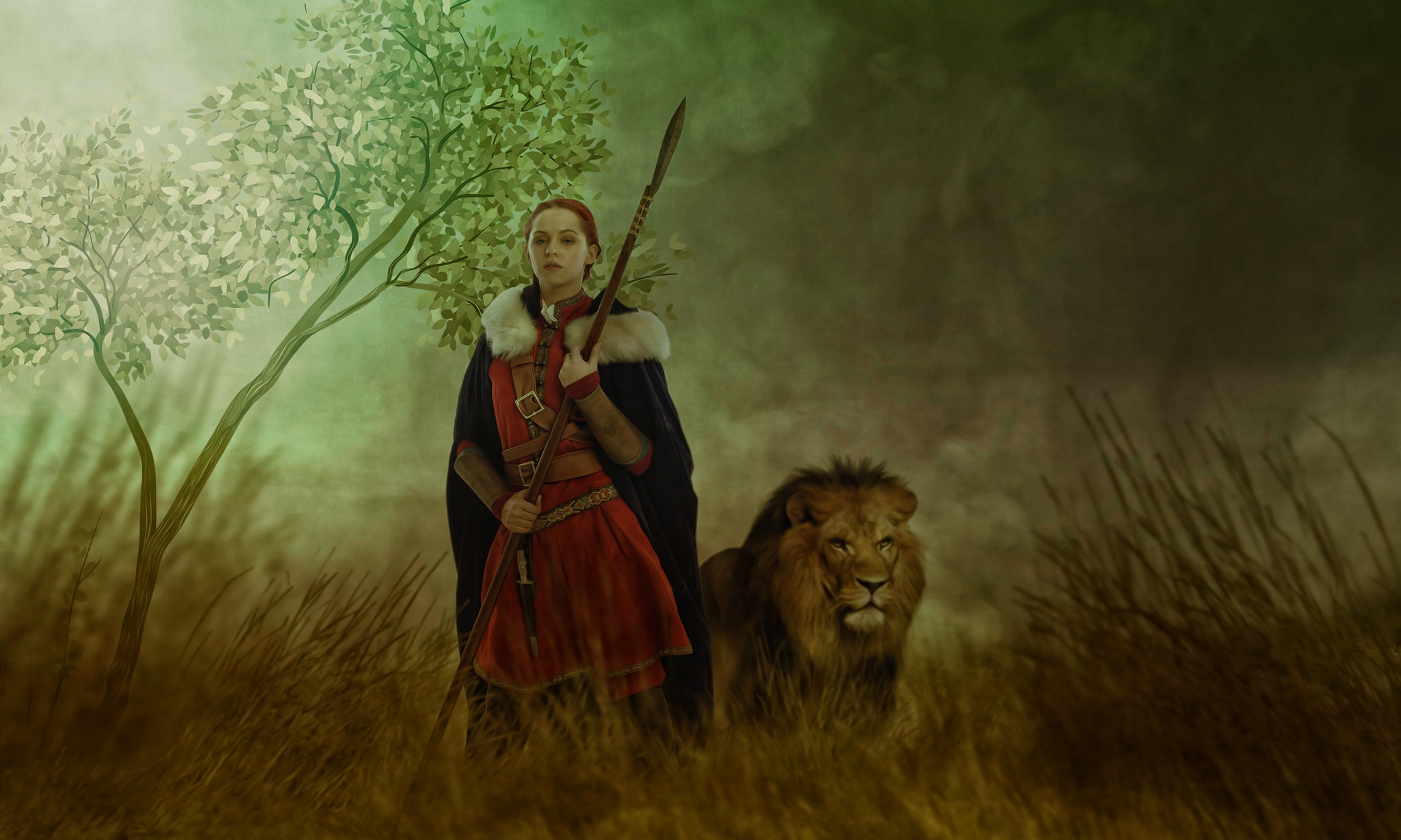 fantasy, women warrior, hunter, lance, lion, woman warrior