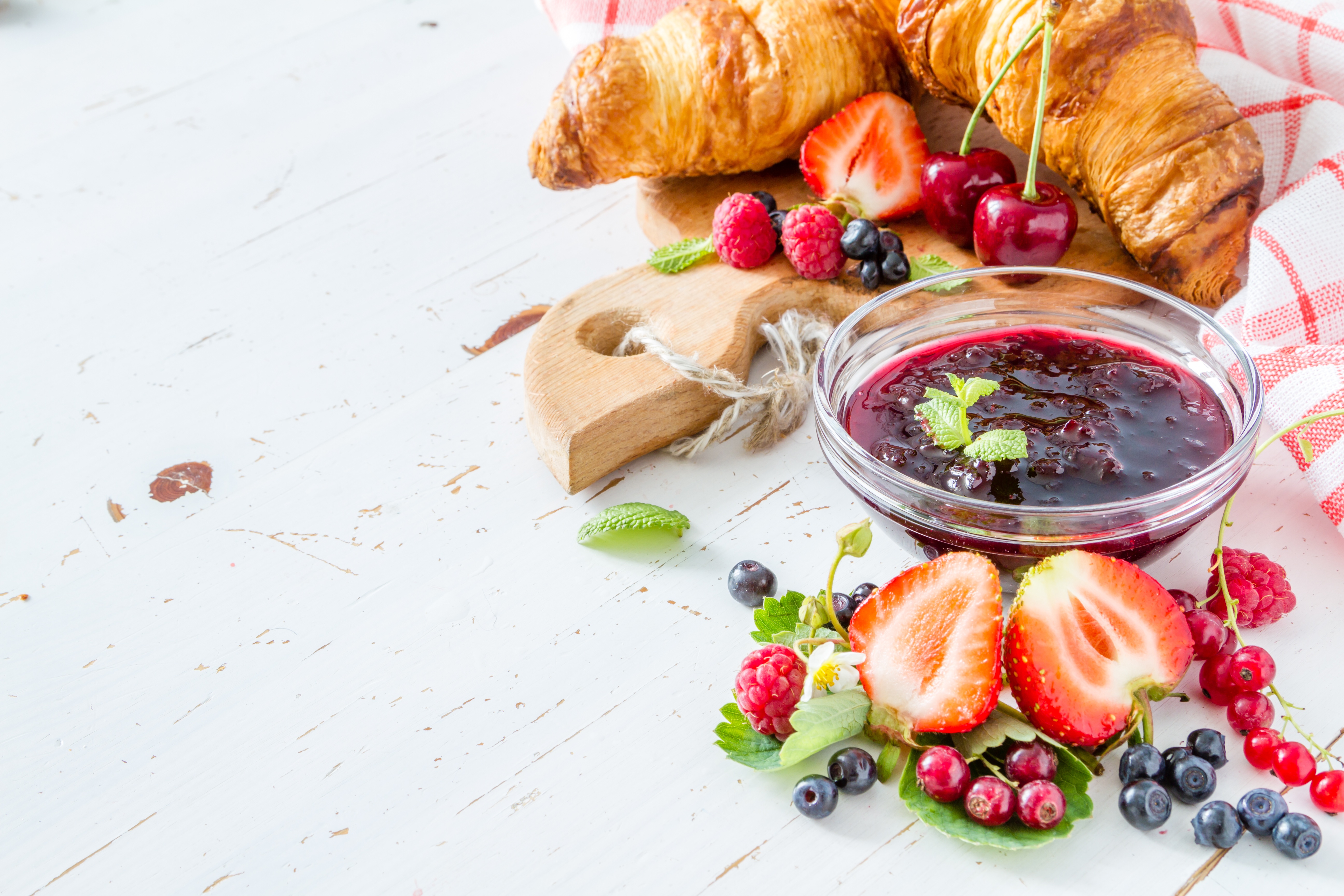 Download mobile wallpaper Food, Still Life, Berry, Fruit, Jam, Breakfast, Croissant, Viennoiserie for free.