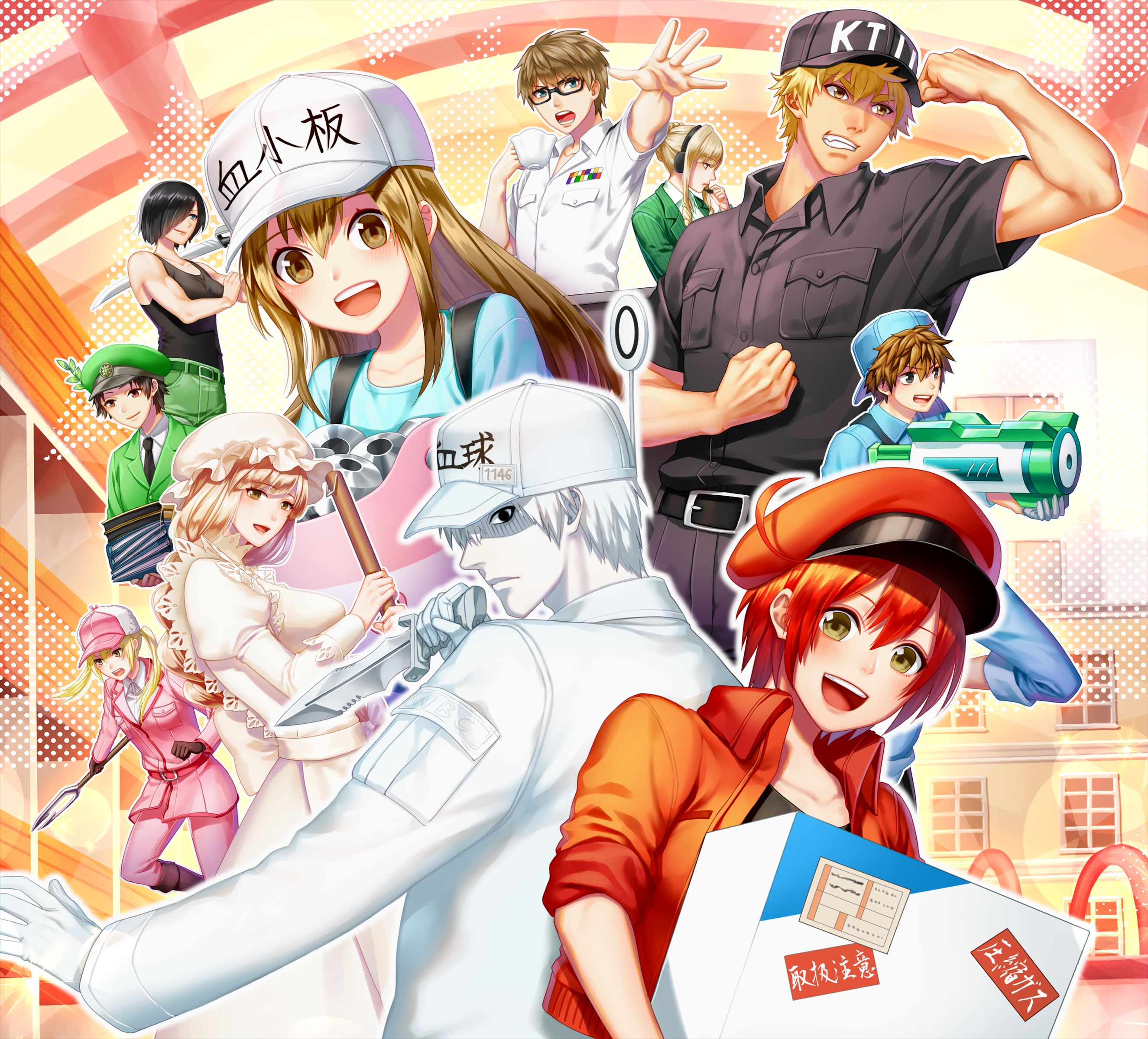 anime, cells at work!, ae3803 (cells at work), helper t (cells at work!), killer t (cells at work!), natural killer (cells at work!), platelet (cells at work!), u 1146 (cells at work!)