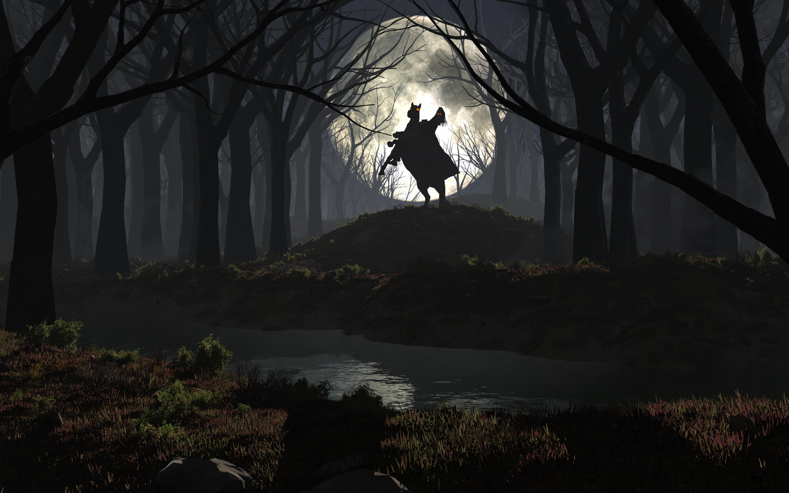 Download mobile wallpaper Night, Moon, Dark, Forest, Horse for free.