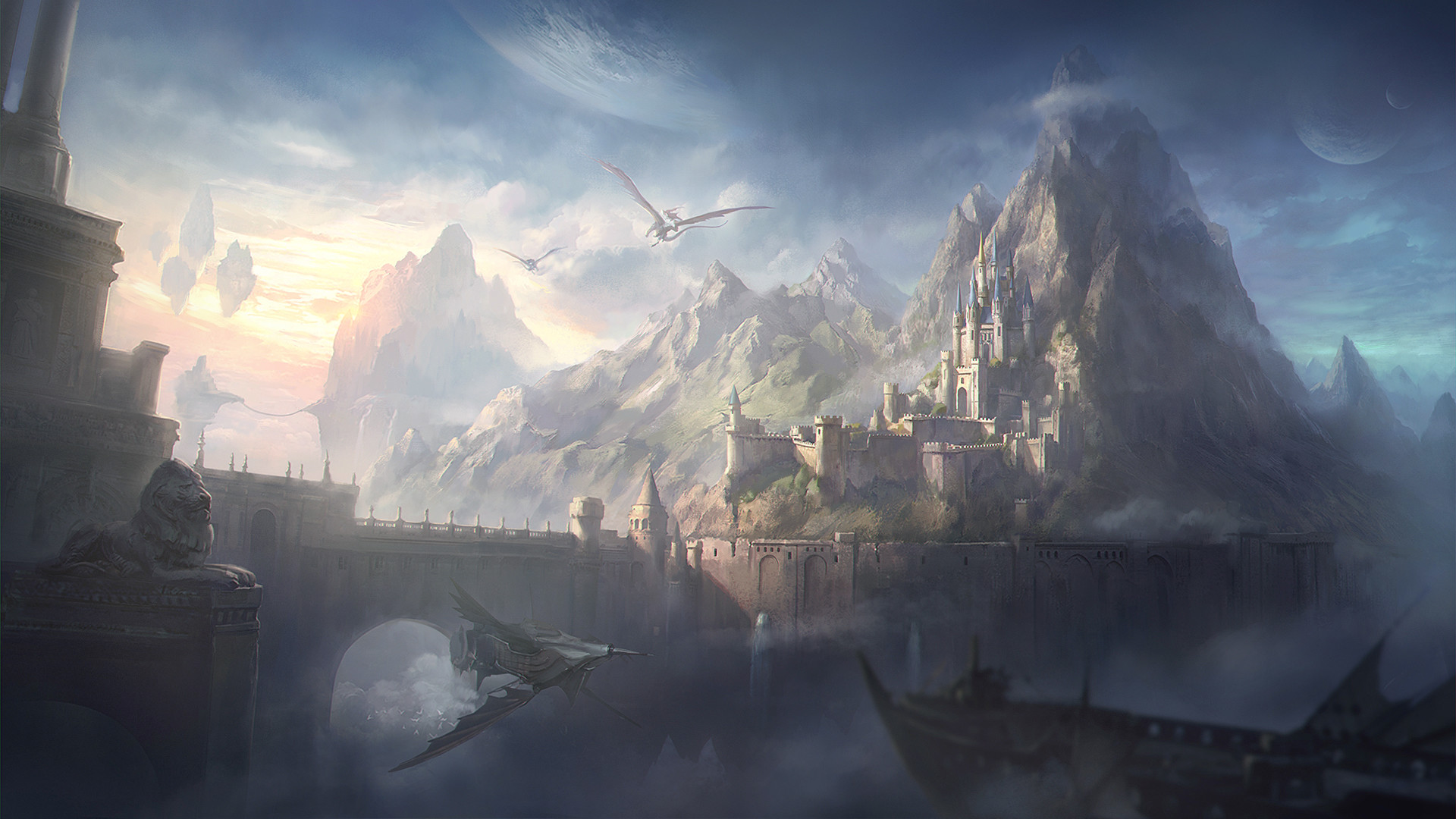 Free download wallpaper Fantasy, City, Dragon on your PC desktop