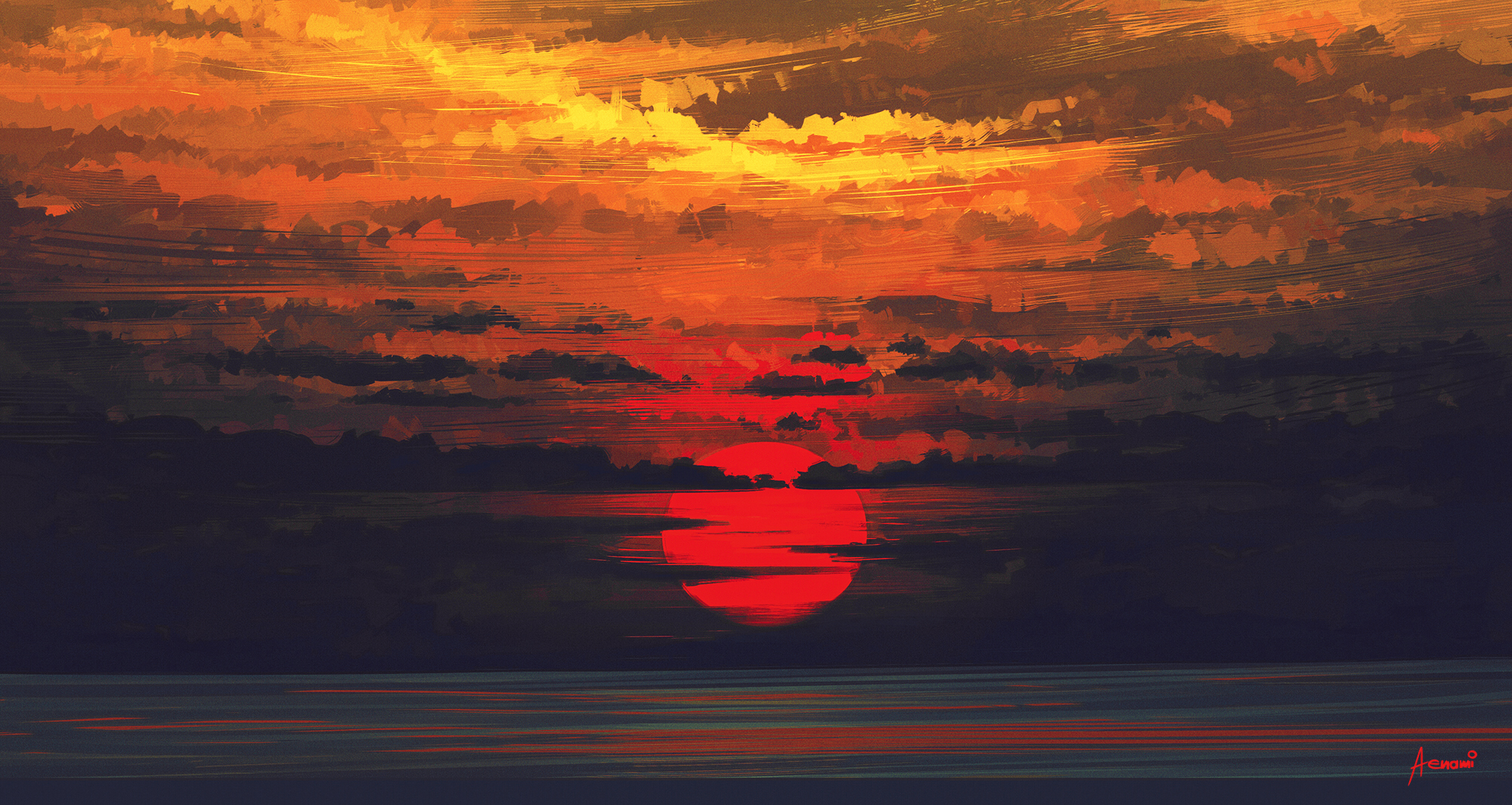 Download mobile wallpaper Nature, Sunset, Sky, Sun, Horizon, Ocean, Artistic, Cloud for free.