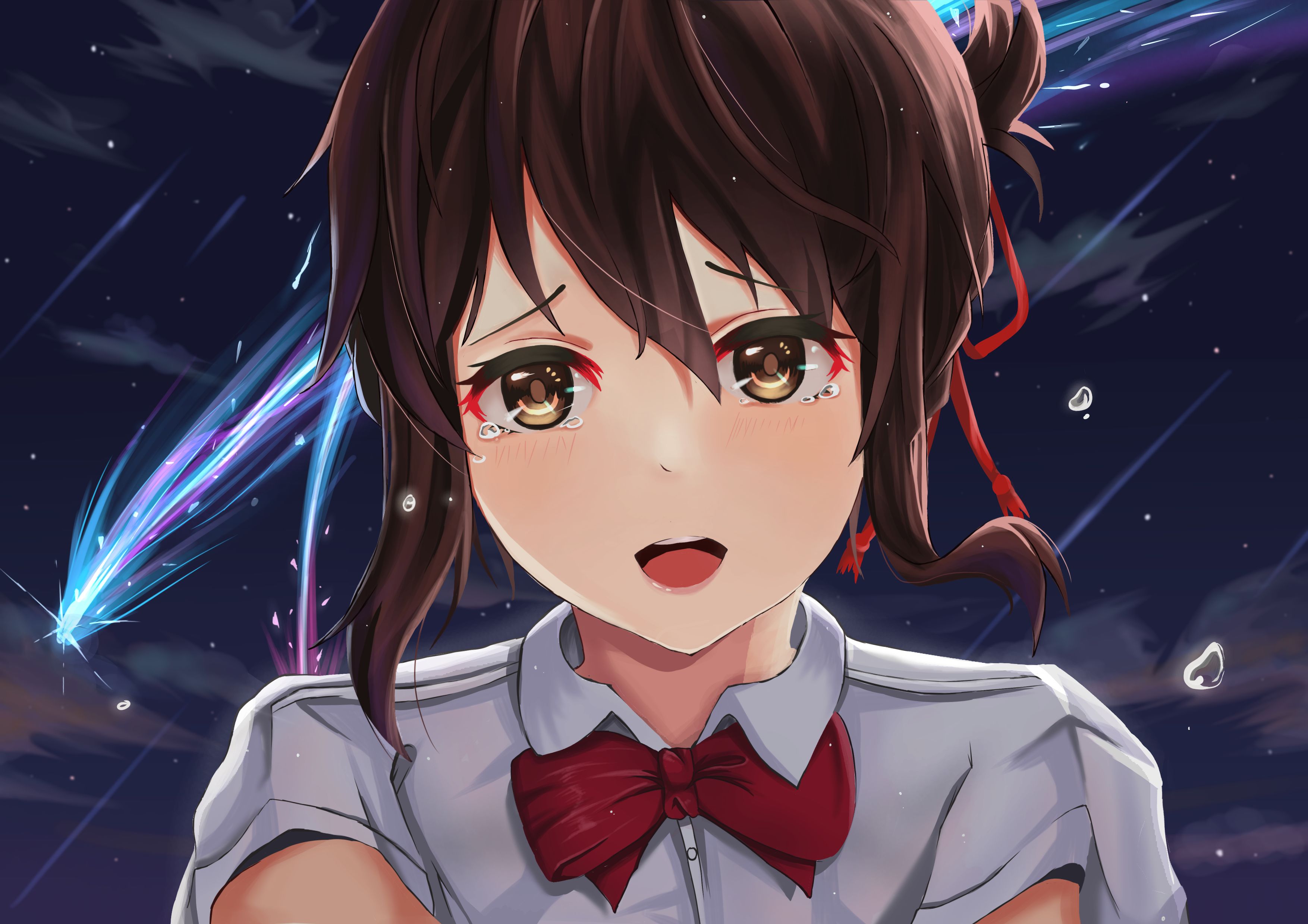 Free download wallpaper Anime, Face, Tears, Brown Eyes, Brown Hair, Your Name, Mitsuha Miyamizu on your PC desktop