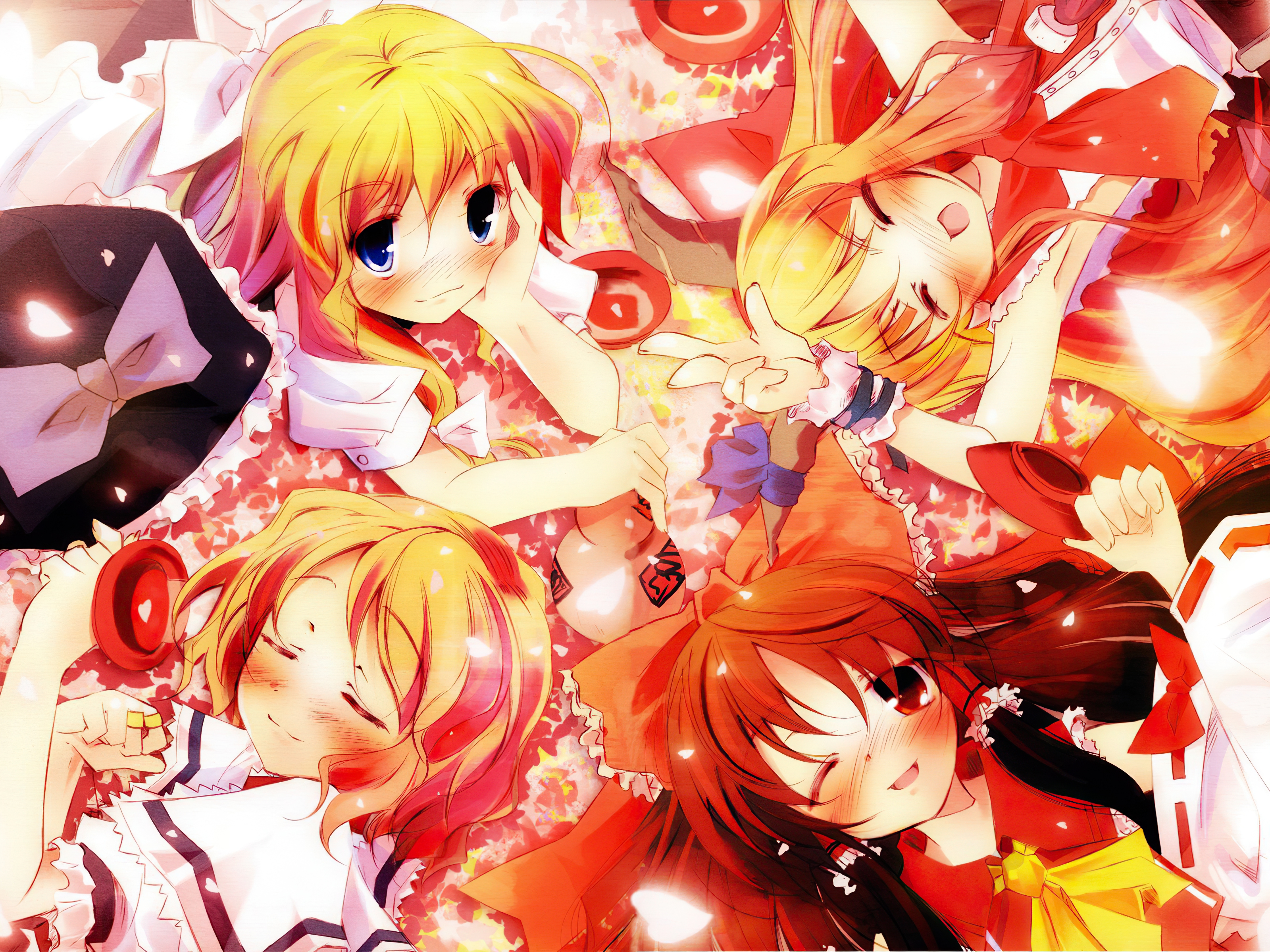 Handy-Wallpaper Animes, Tuhu, Reimu Hakurei, Suika Ibuki, Marisa Kirisame, Alice Margatroid kostenlos herunterladen.