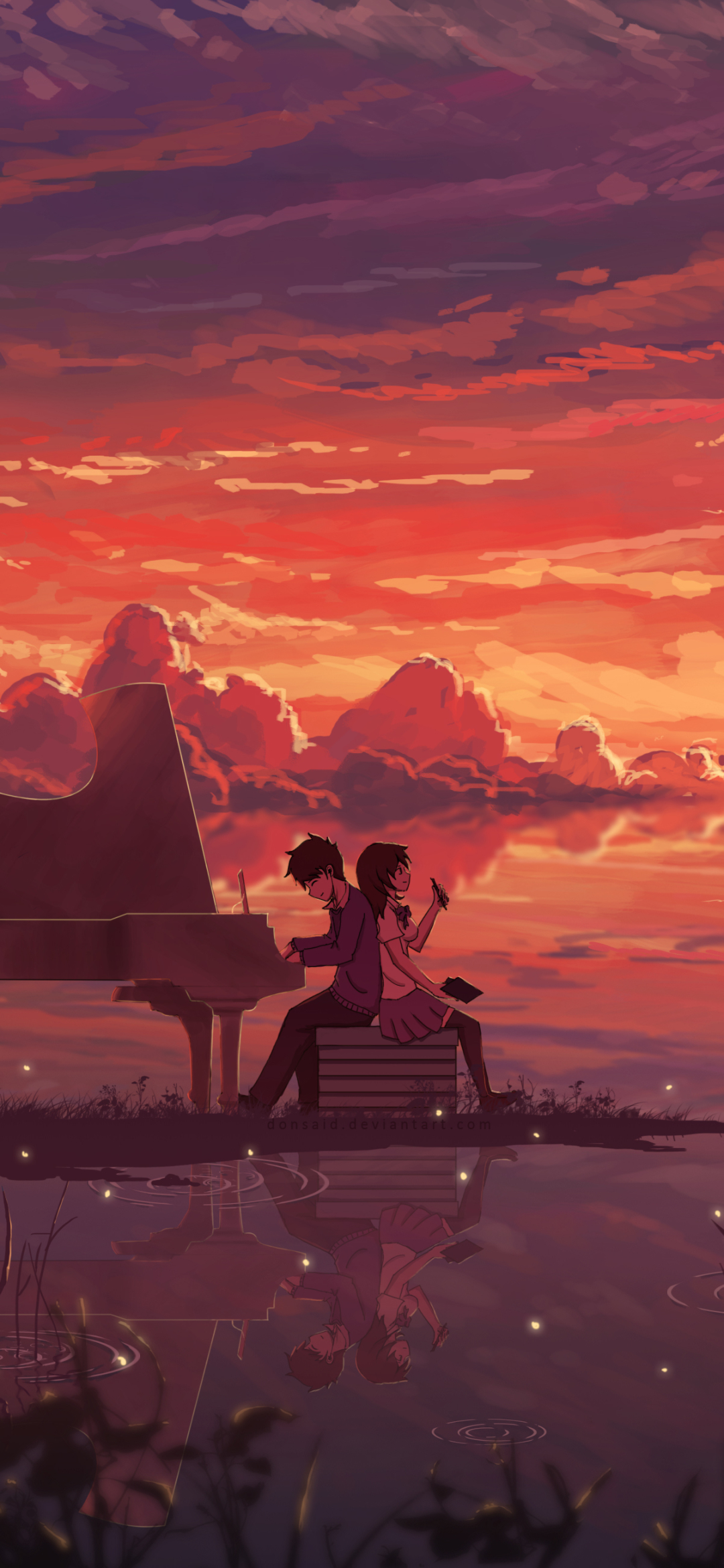 Download mobile wallpaper Anime, Sunset, Sky, Piano, Reflection, Couple, Cloud for free.