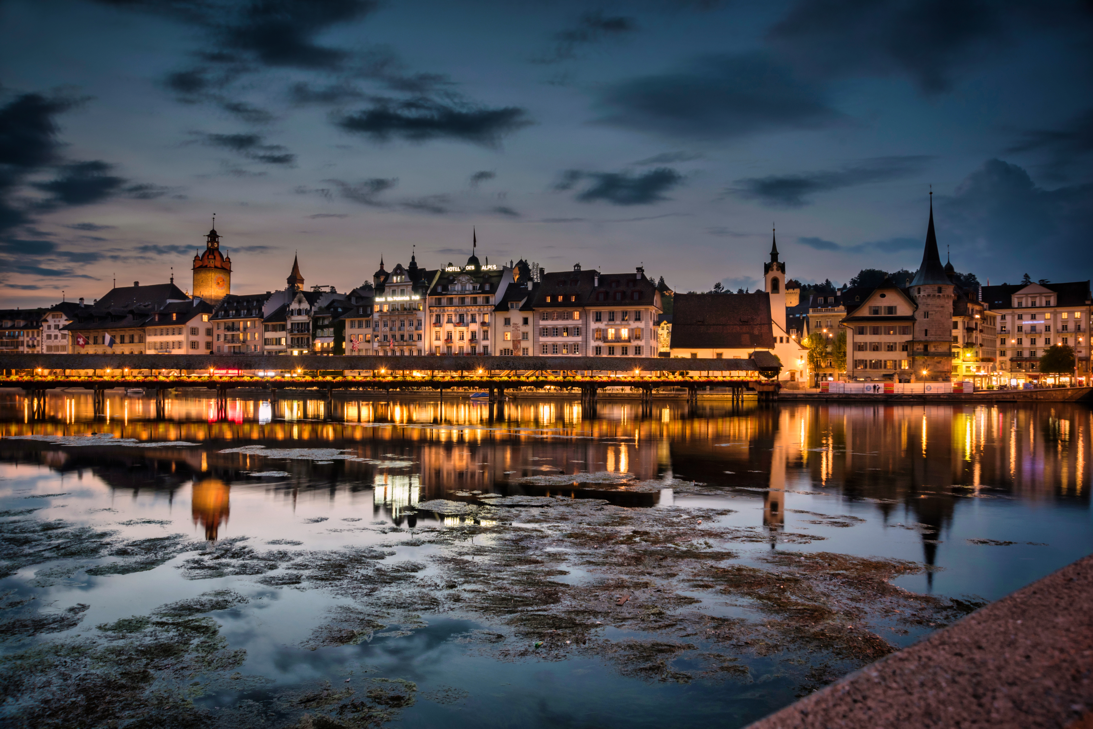 man made, lucerne, night, water, towns