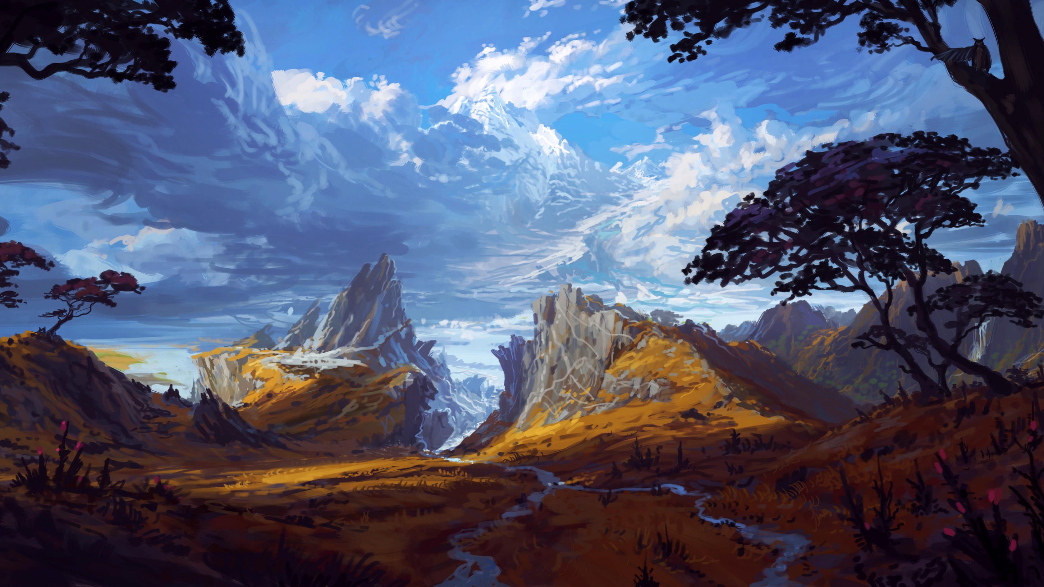 Free download wallpaper Landscape, Fantasy, Sky, Mountain, River on your PC desktop