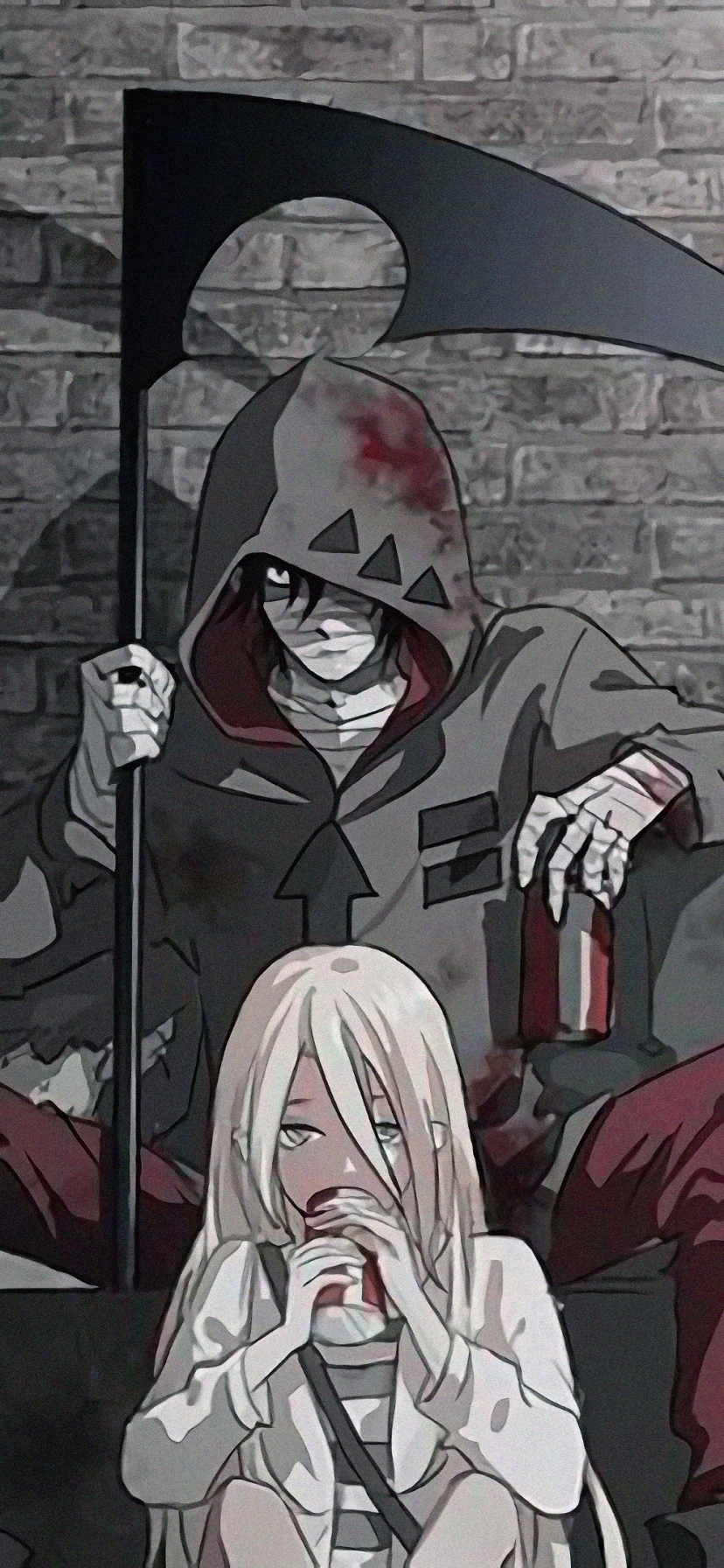 Download mobile wallpaper Anime, Blonde, Scythe, Black Hair, Long Hair, Rachel Gardner, Satsuriku No Tenshi, Zack (Angels Of Death), Angels Of Death for free.