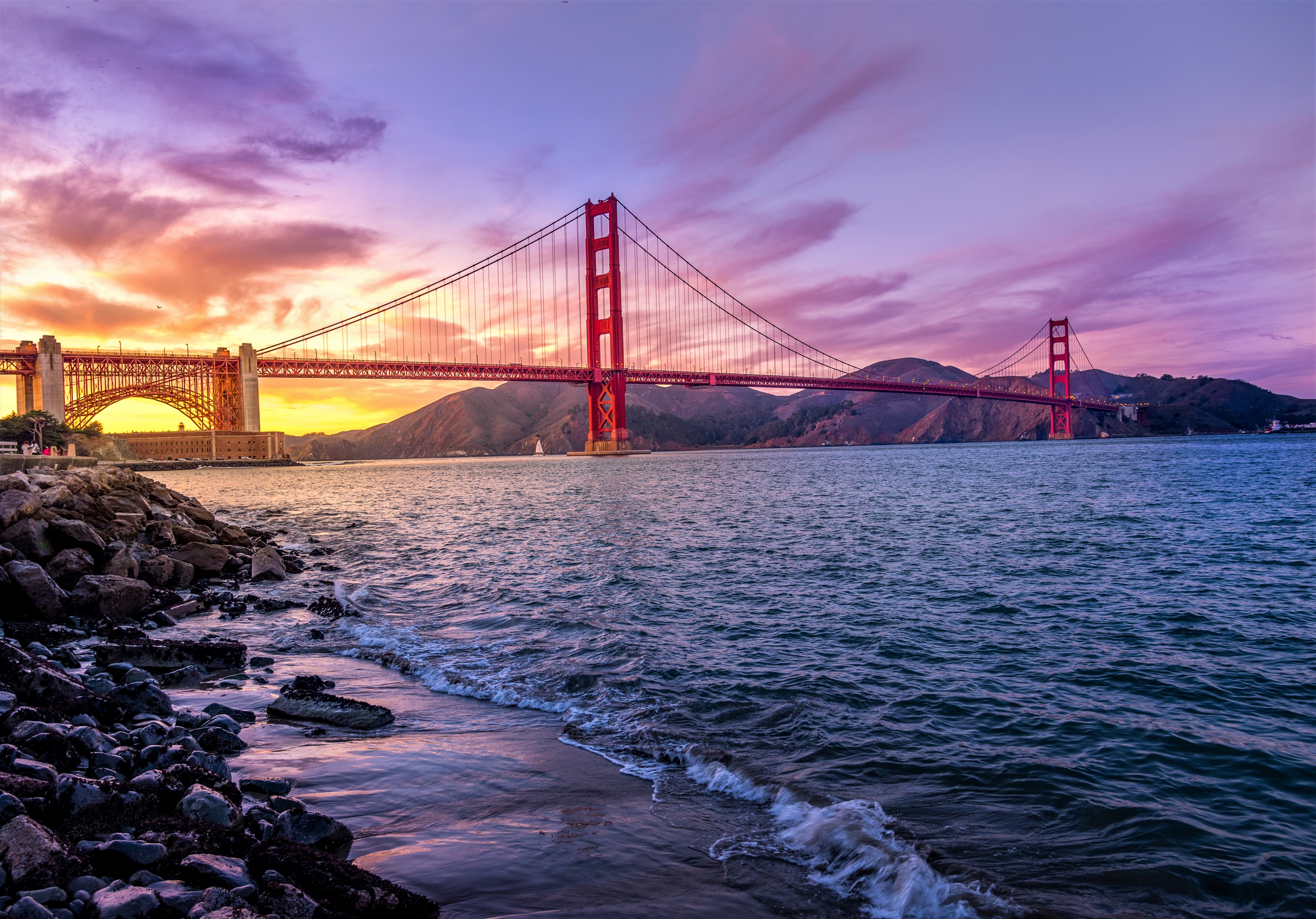 Download mobile wallpaper Bridges, Sunset, Ocean, Bridge, Golden Gate, Man Made for free.