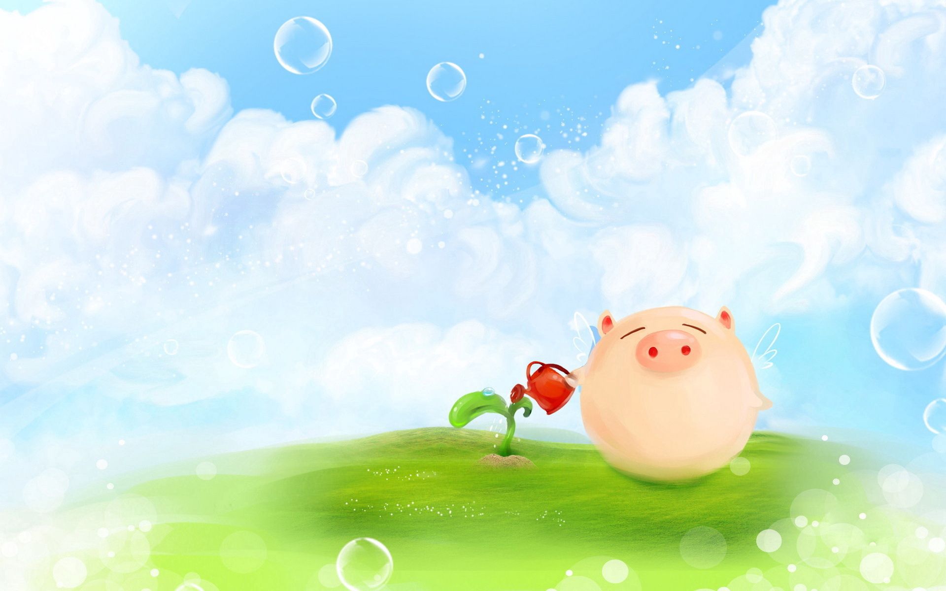 119047 скачать обои свинья, росток, трава, арт, облака, поляна, лейка - заставки и картинки бесплатно