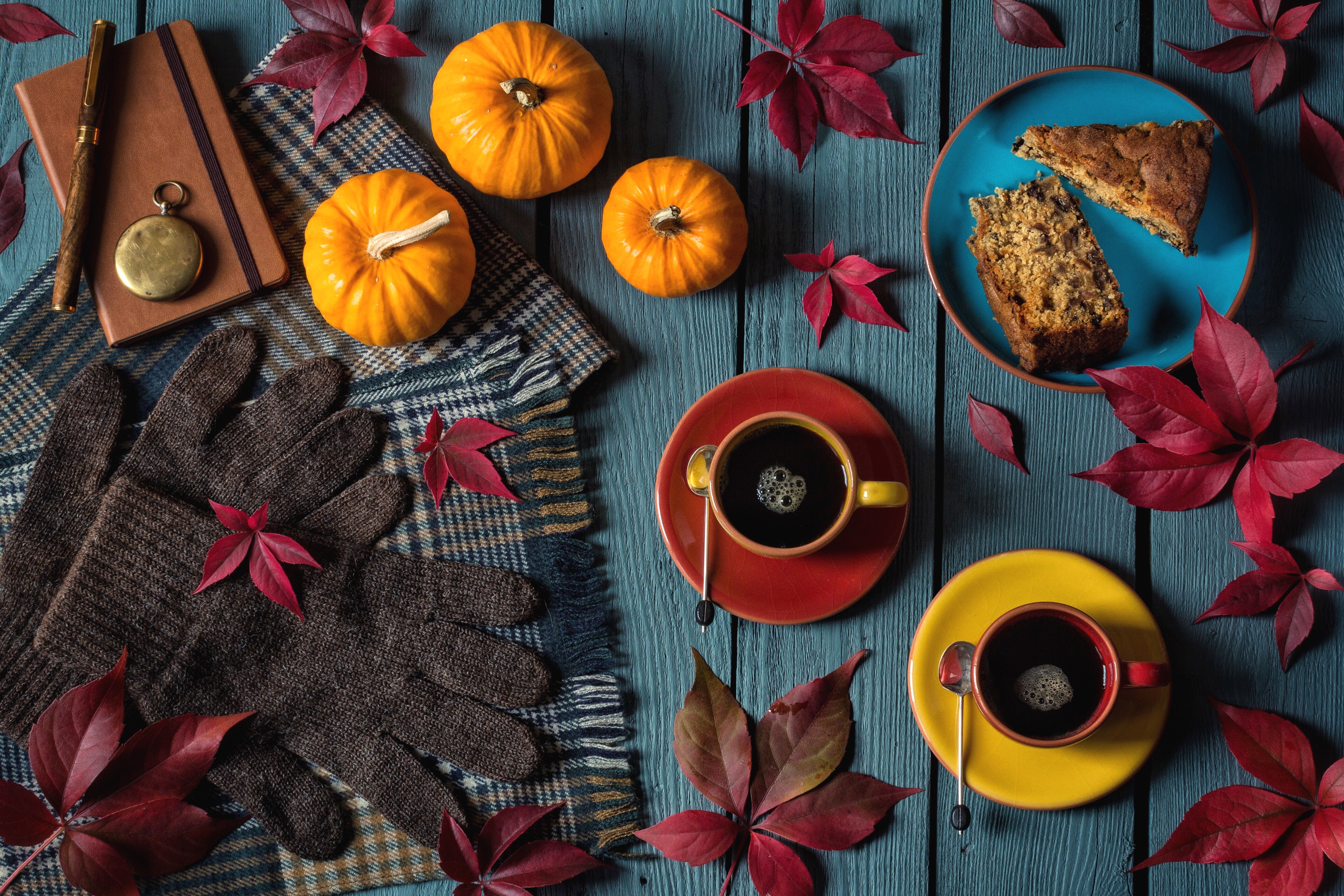 Free download wallpaper Coffee, Pumpkin, Still Life, Leaf, Fall, Cake, Glove, Photography on your PC desktop