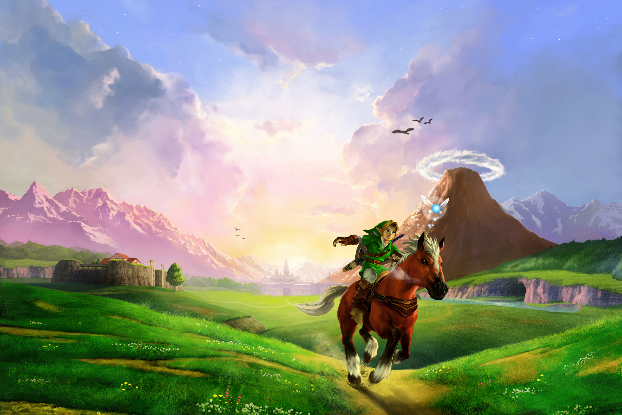 Free download wallpaper Grass, Sky, Mountain, Bird, Horse, Link, Video Game, Zelda, The Legend Of Zelda: Ocarina Of Time on your PC desktop
