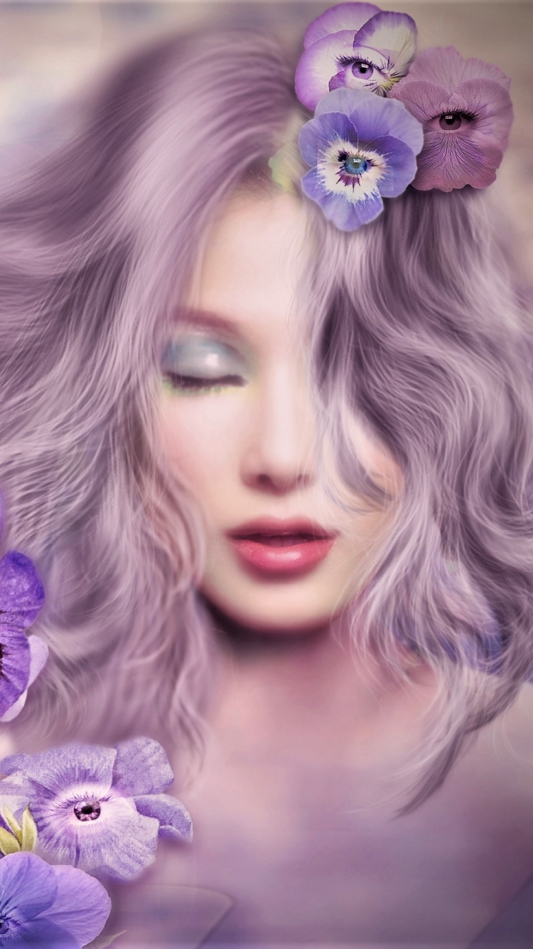 Download mobile wallpaper Fantasy, Flower, Purple, Eye, Women, Pansy for free.