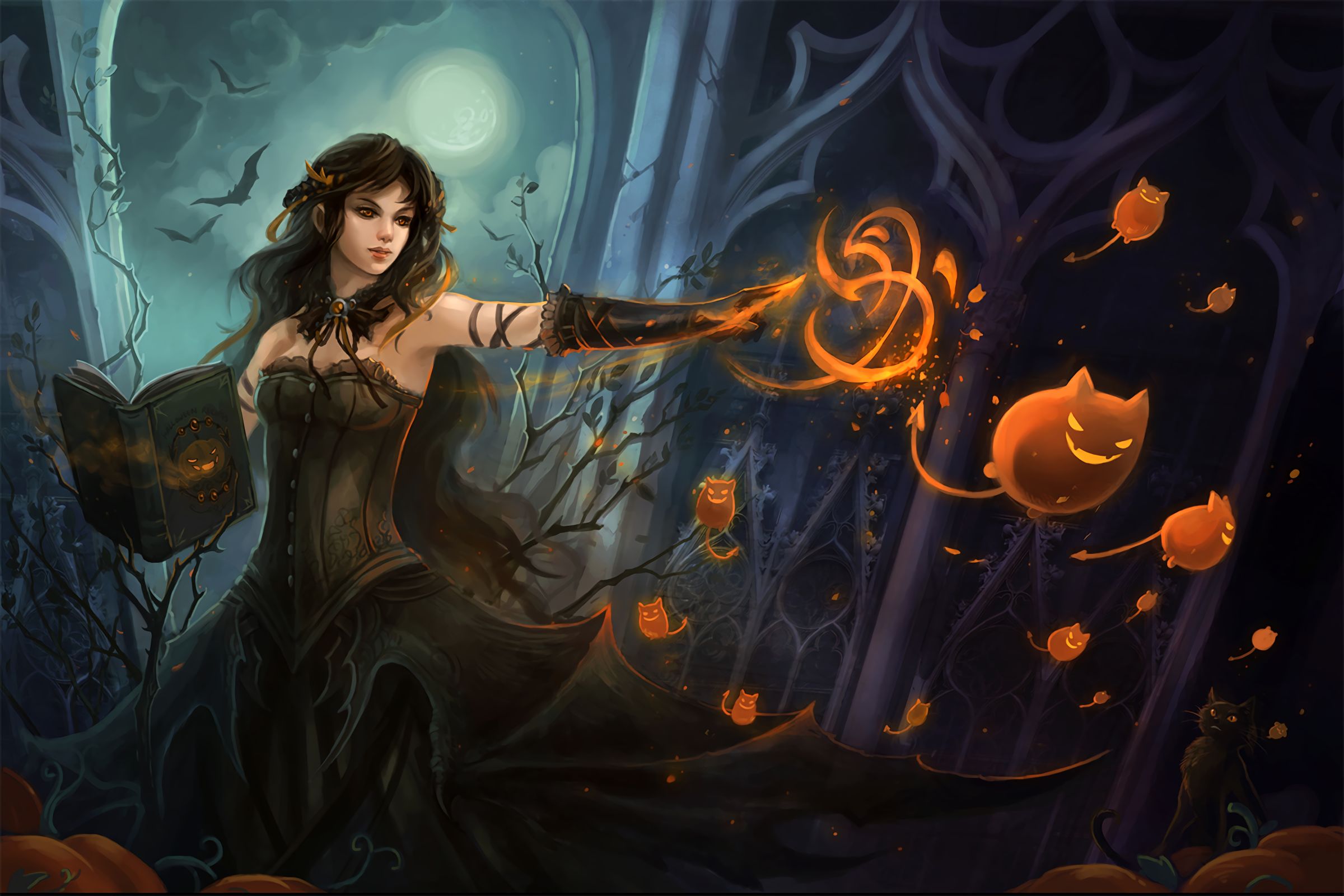 Download mobile wallpaper Magic, Fantasy, Halloween, Pumpkin, Holiday, Book, Witch for free.