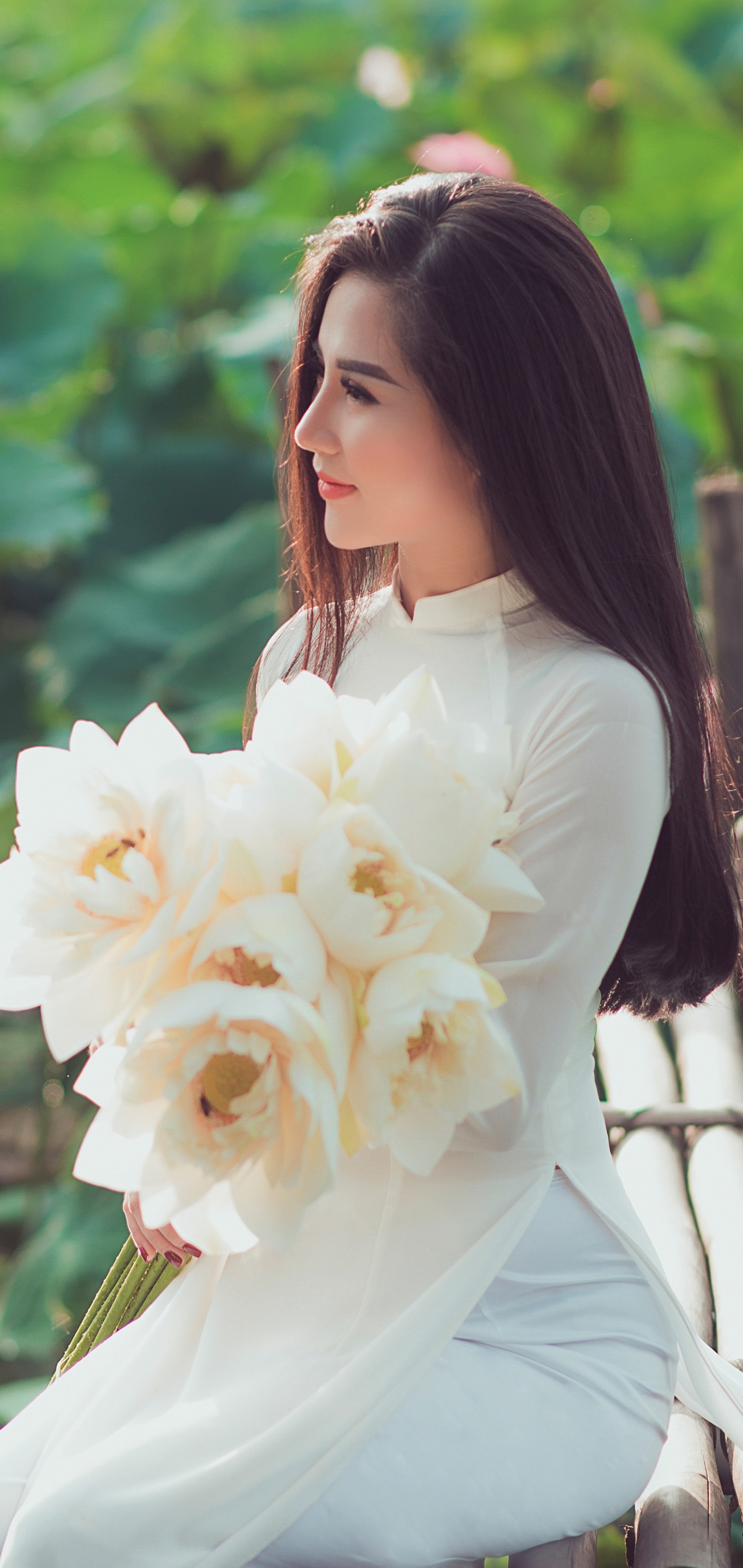 Download mobile wallpaper Model, Women, White Flower, Asian, Black Hair, Long Hair, White Dress for free.