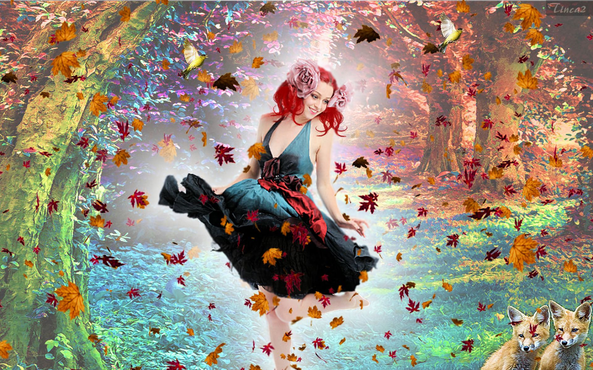 Free download wallpaper Fantasy, Fox, Leaf, Fall, Dress, Women, Red Hair, Dancing on your PC desktop