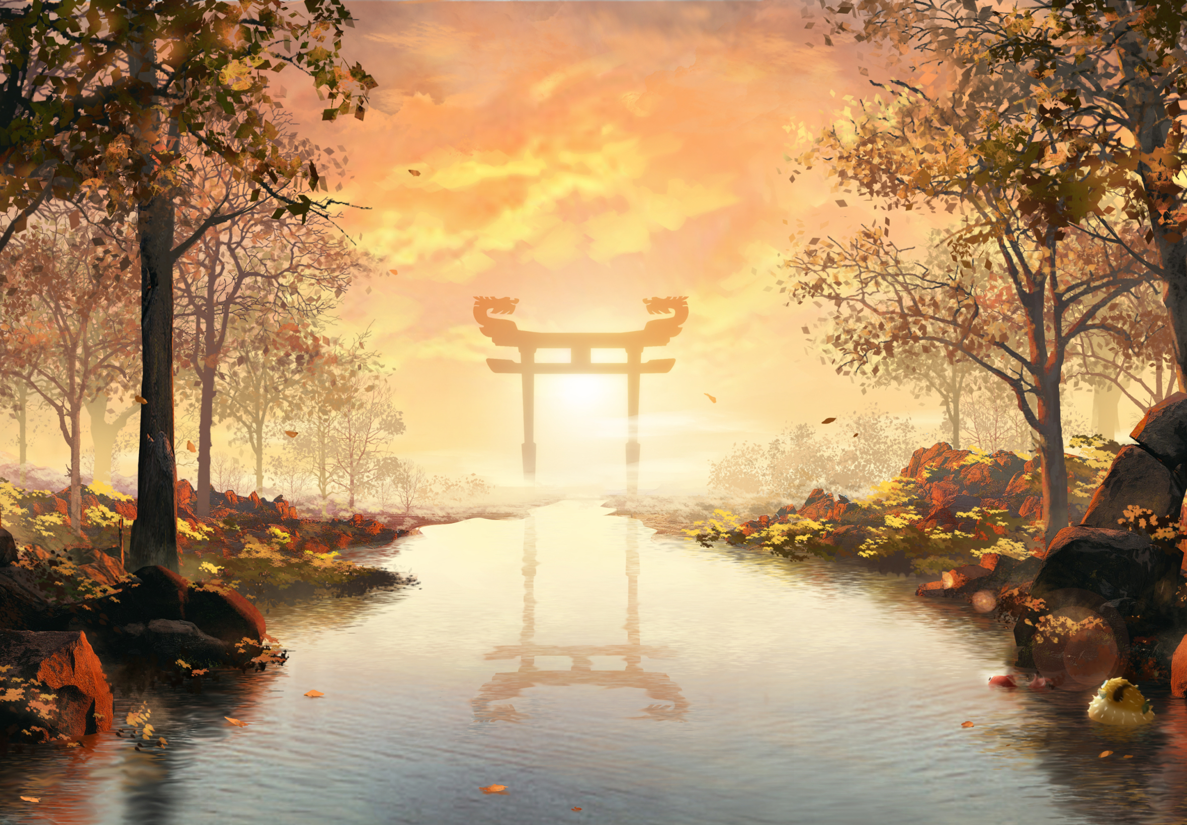 Laden Sie das Landschaft, Fluss, Sonnenuntergang, Animes-Bild kostenlos auf Ihren PC-Desktop herunter