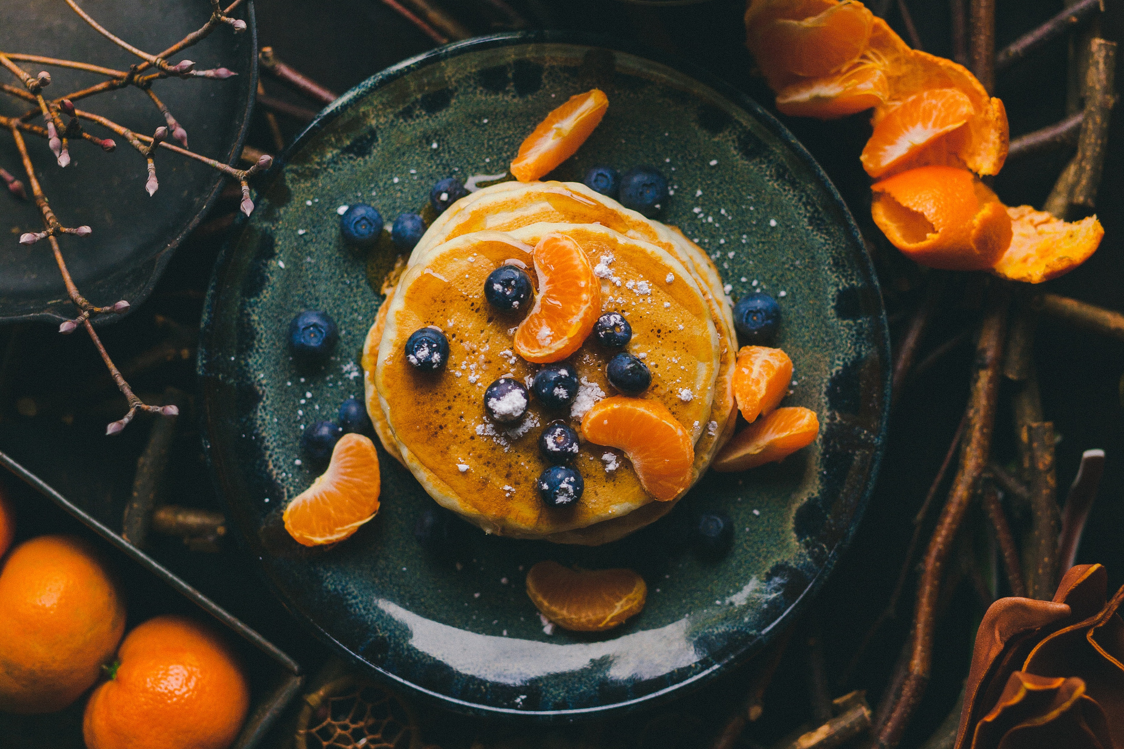 Download mobile wallpaper Food, Blueberry, Still Life, Fruit, Pancake, Mandarin for free.