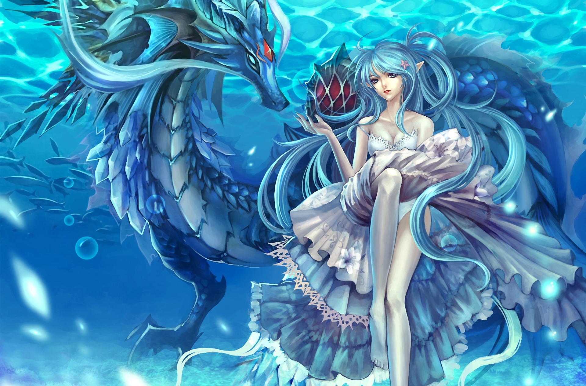 Download mobile wallpaper Original, Fantasy, Dragon, Blue Hair, Anime for free.