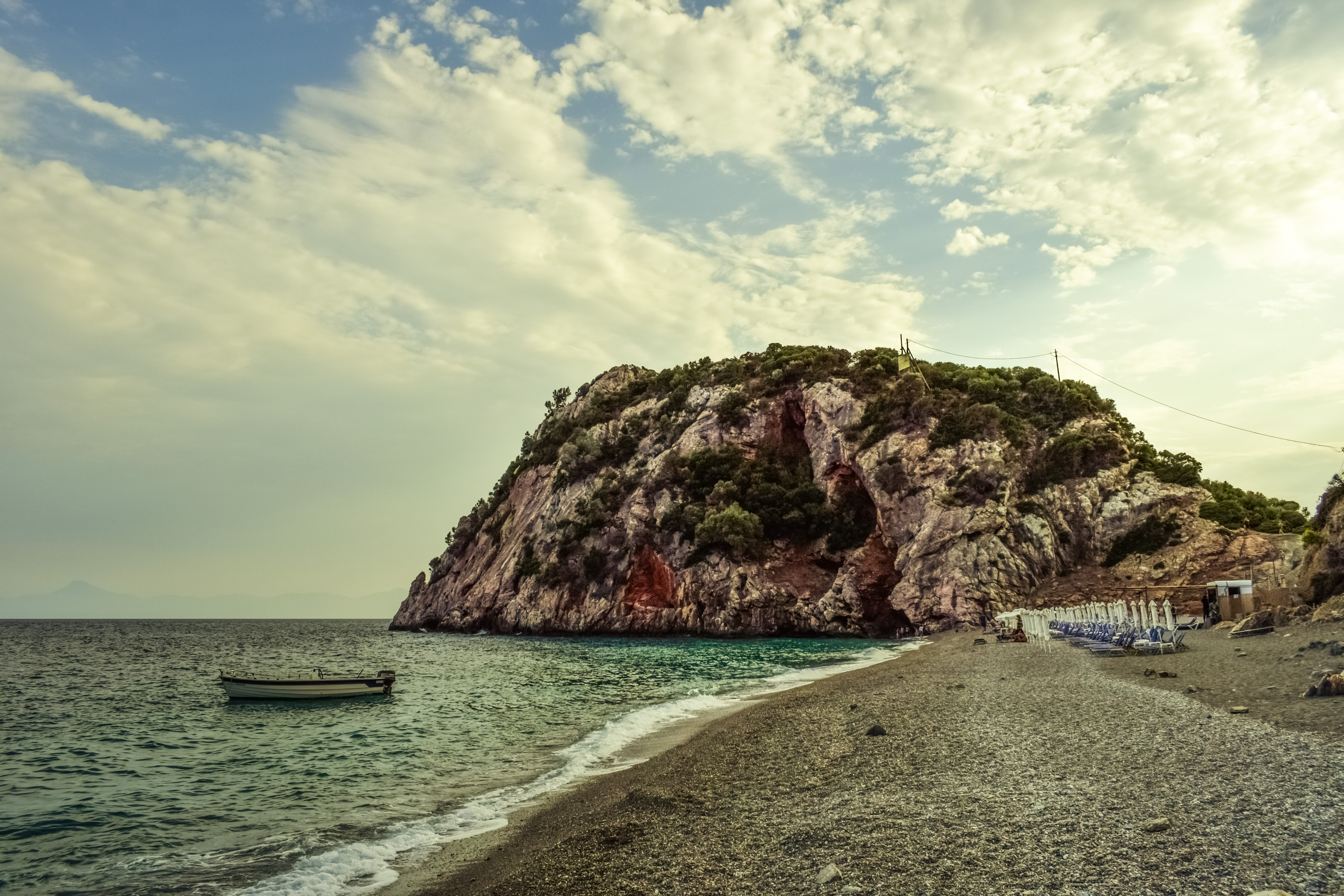 bank, nature, sea, rock, shore, boat download HD wallpaper