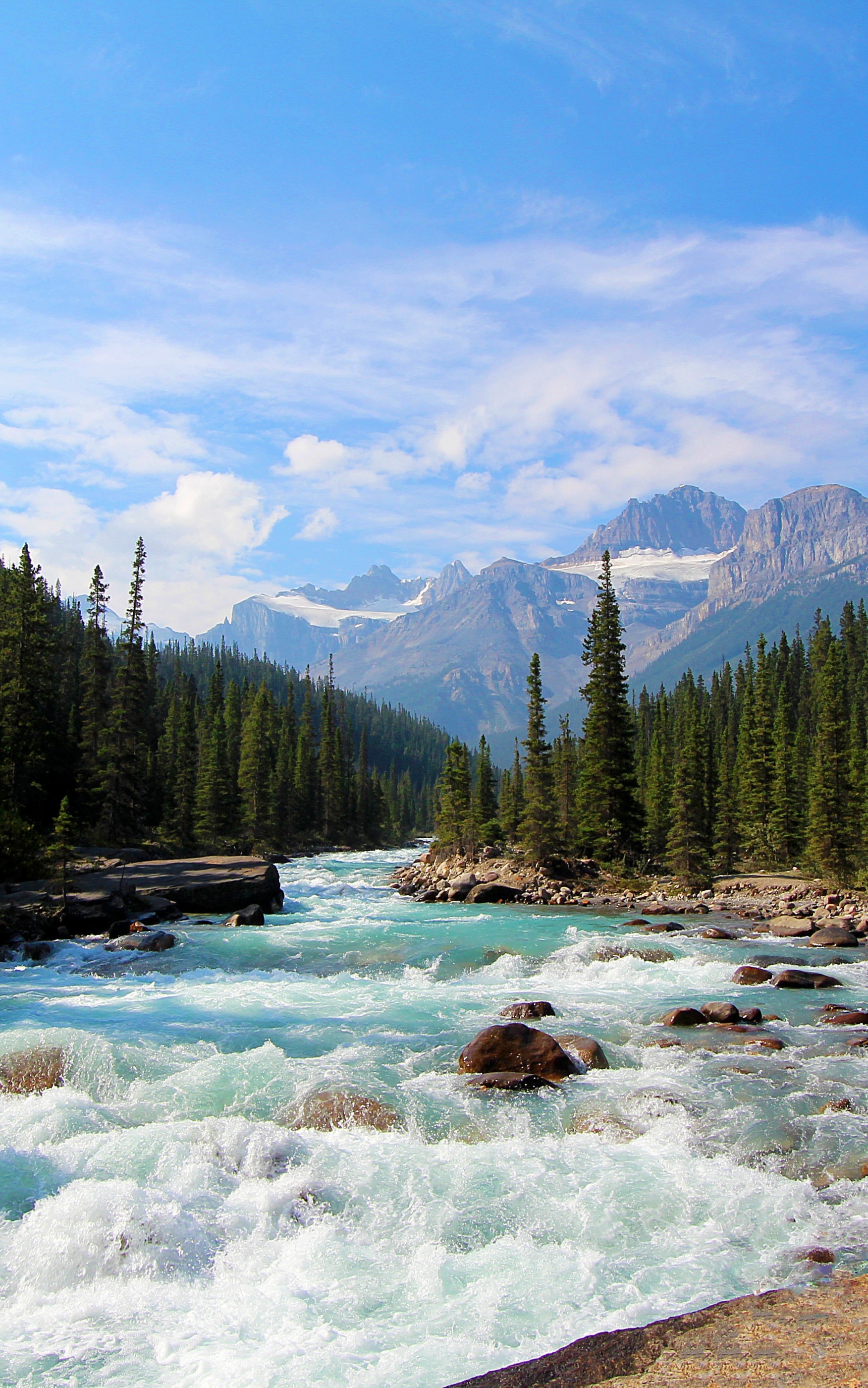 Скачать картинку Пейзаж, Река, Канада, Лес, Ландшафт, Национальный Парк Банф, Земля/природа в телефон бесплатно.
