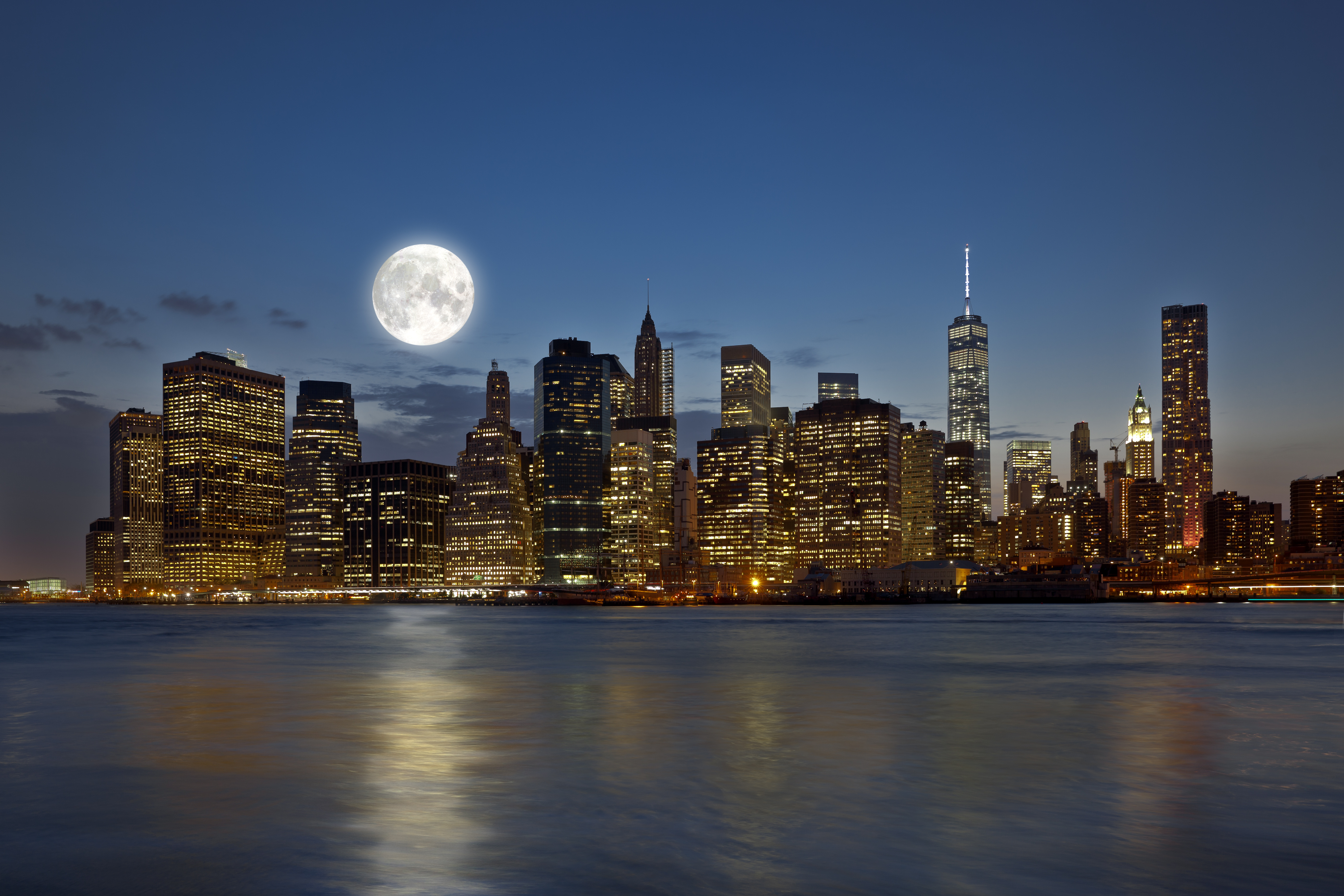 482389 скачать картинку нью йорк, луна, сделано человеком, манхэттен, город, полнолуние, ночь, города - обои и заставки бесплатно