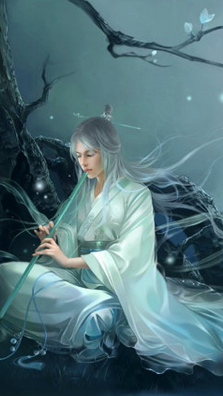 fantasy, oriental, flute blue, moon