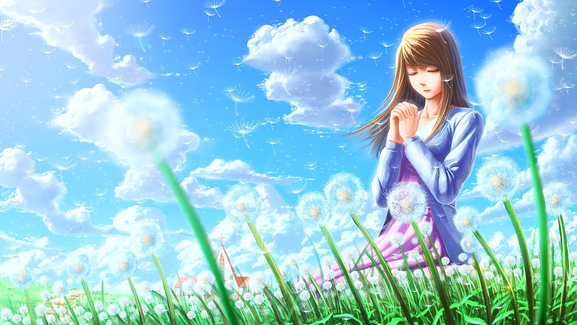 Laden Sie das Mädchen, Löwenzahn, Blume, Wolke, Animes, Lange Haare-Bild kostenlos auf Ihren PC-Desktop herunter