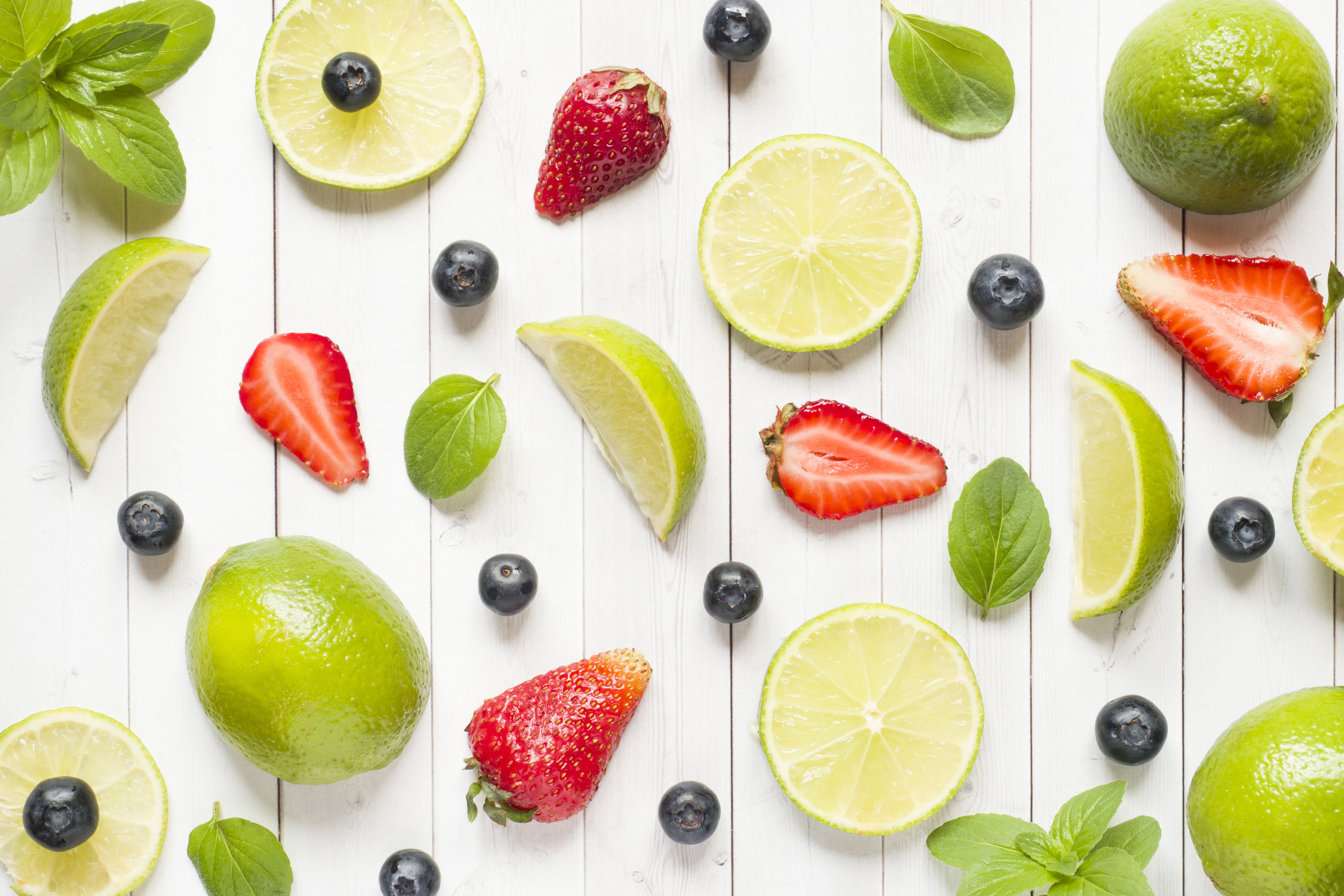 Download mobile wallpaper Fruits, Food, Strawberry, Blueberry, Lime, Berry, Fruit for free.