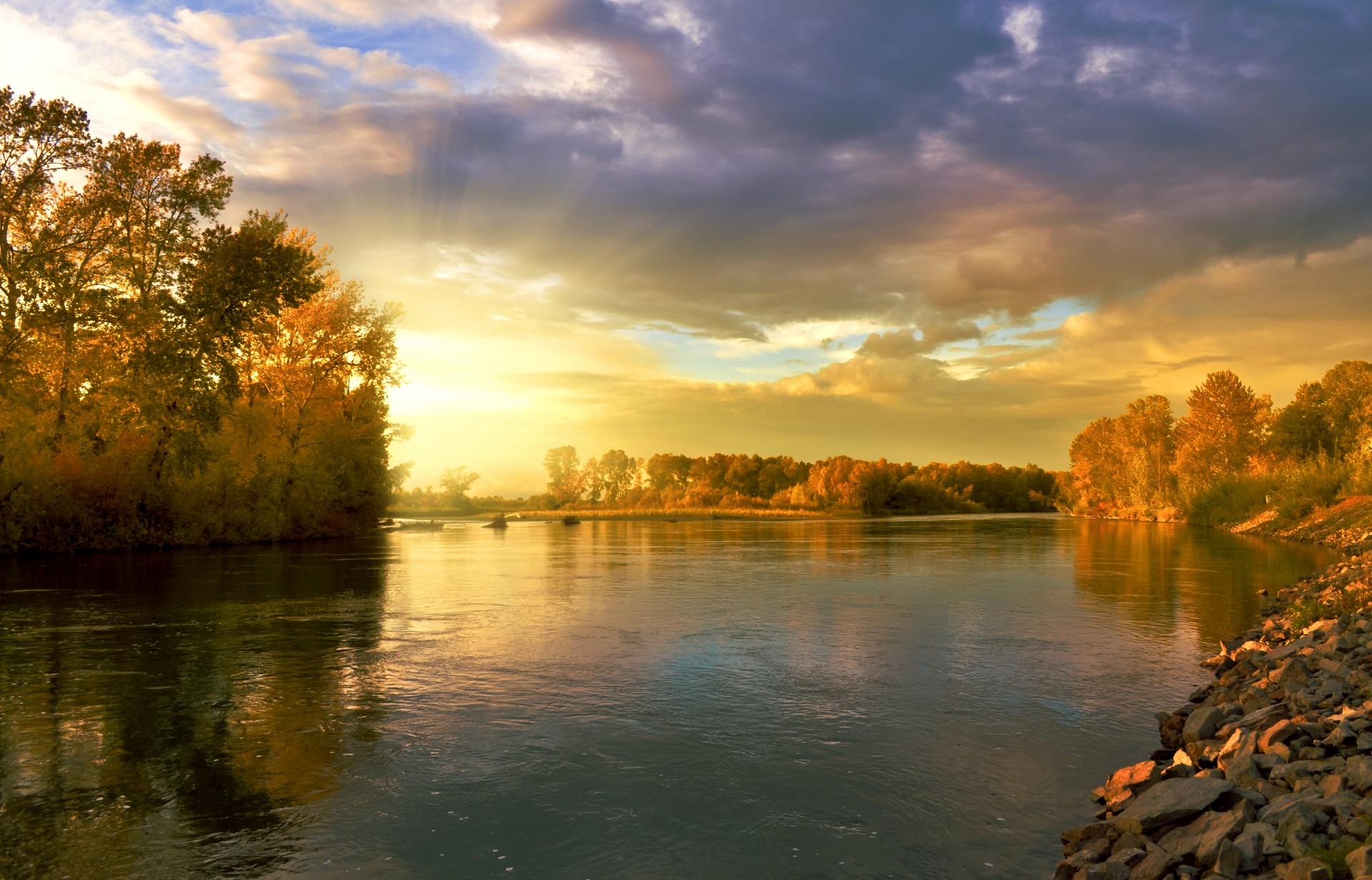 Free download wallpaper Water, Sunset, Tree, Fall, Sunrise, Earth, Cloud, River, Sunbeam on your PC desktop