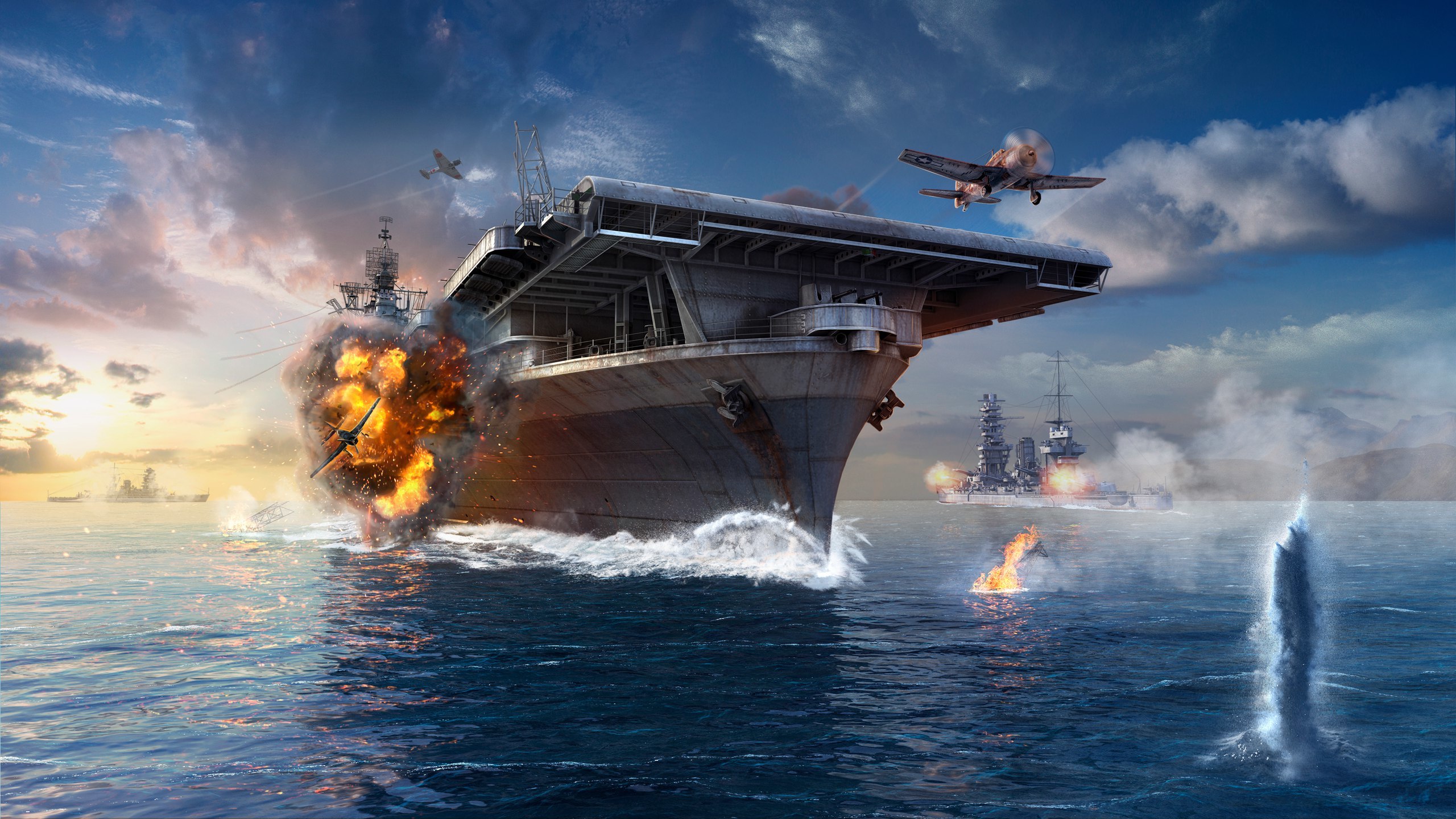 Laden Sie das Flugzeuge, Ozean, Schlacht, Computerspiele, Kriegsschiff, Flugzeugträger, Kampfflugzeug, World Of Warships, Kriegsschiffe-Bild kostenlos auf Ihren PC-Desktop herunter