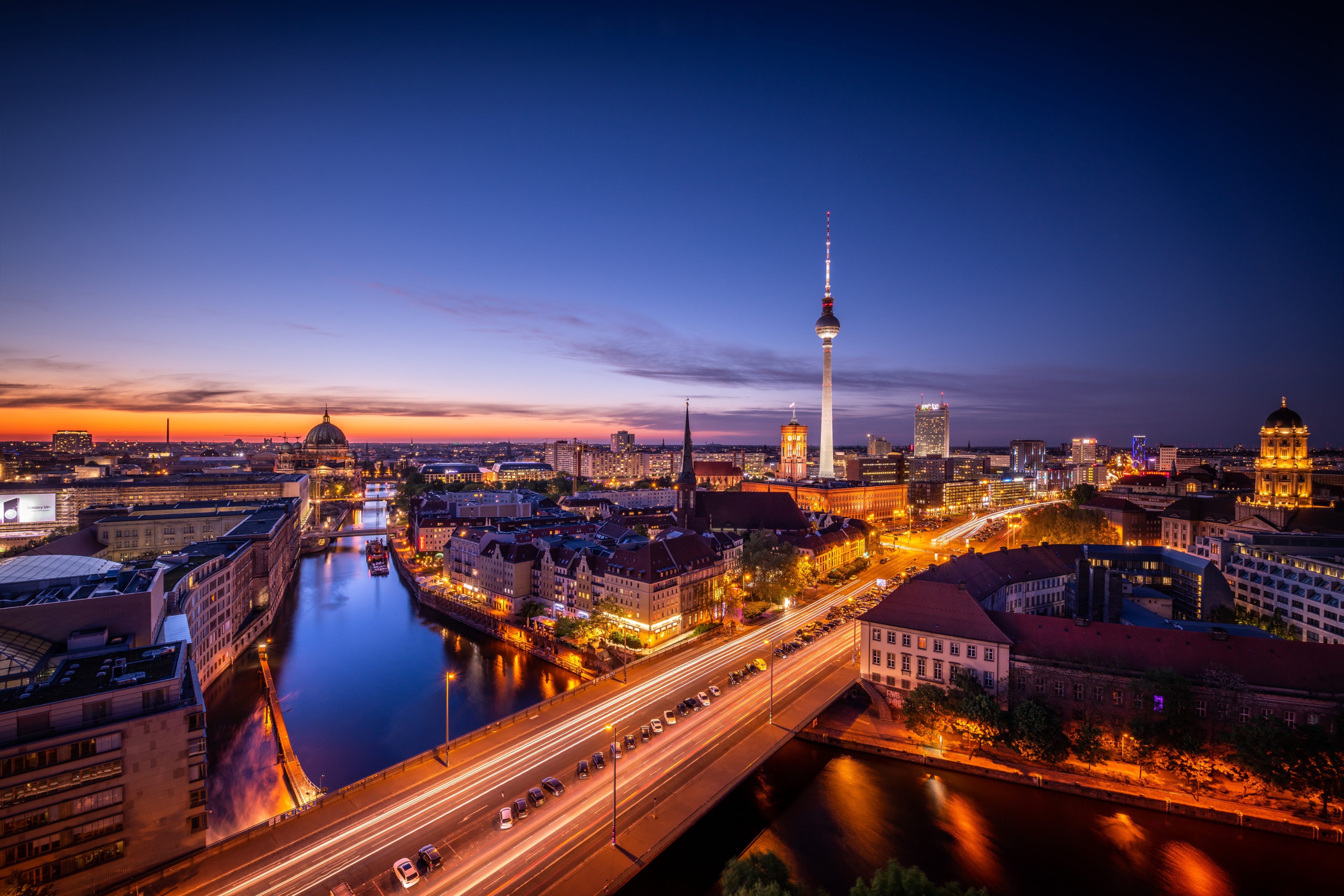 434029 завантажити картинку берлін, створено людиною, будівля, місто, німеччина, ніч, річка, міста - шпалери і заставки безкоштовно