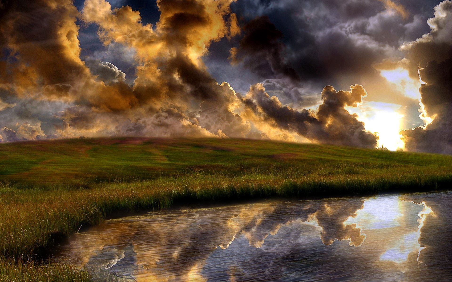 Download mobile wallpaper Clouds, Reflection, Grass, Nature, Evening for free.