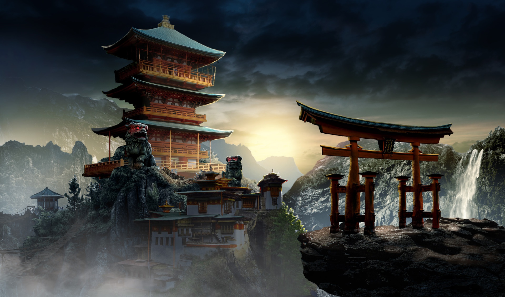 Free download wallpaper Fantasy, Building, Statue, Oriental on your PC desktop