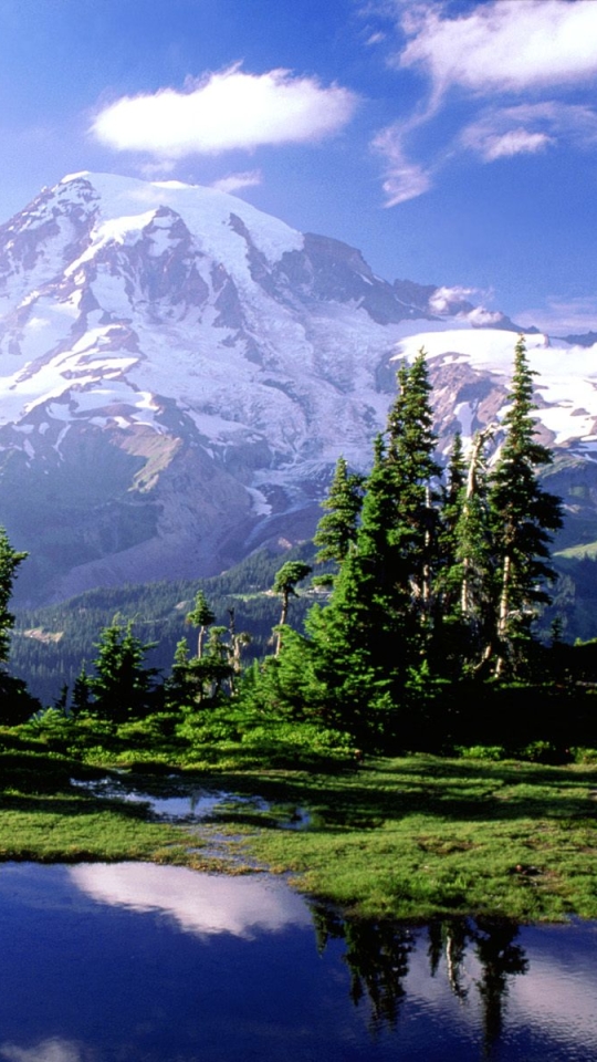 Скачать картинку Пейзаж, Гора, Озеро, Отражение, Дерево, Земля/природа в телефон бесплатно.