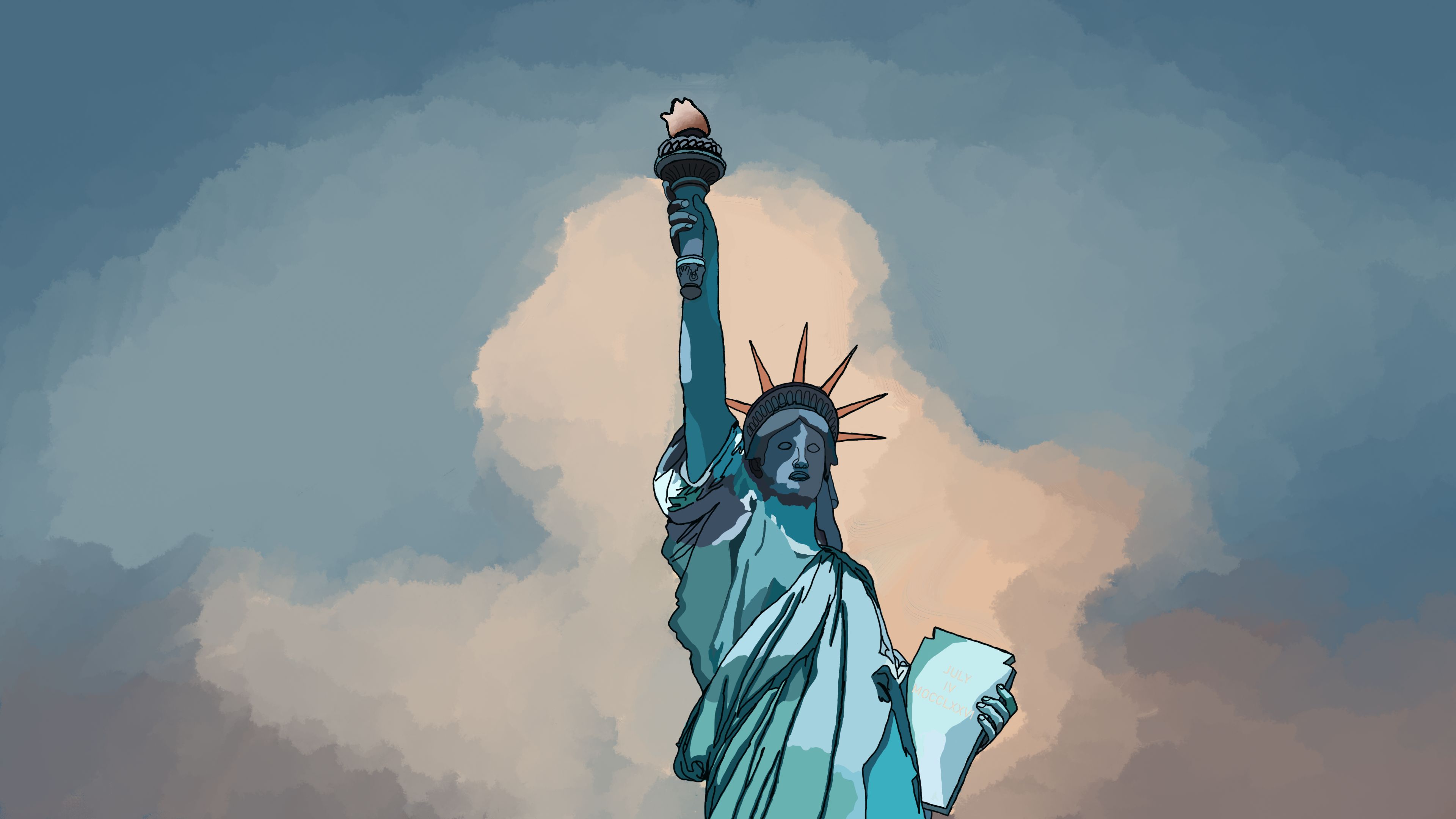 Скачать обои бесплатно Облака, Статуя Свободы, Картина, Сделано Человеком картинка на рабочий стол ПК