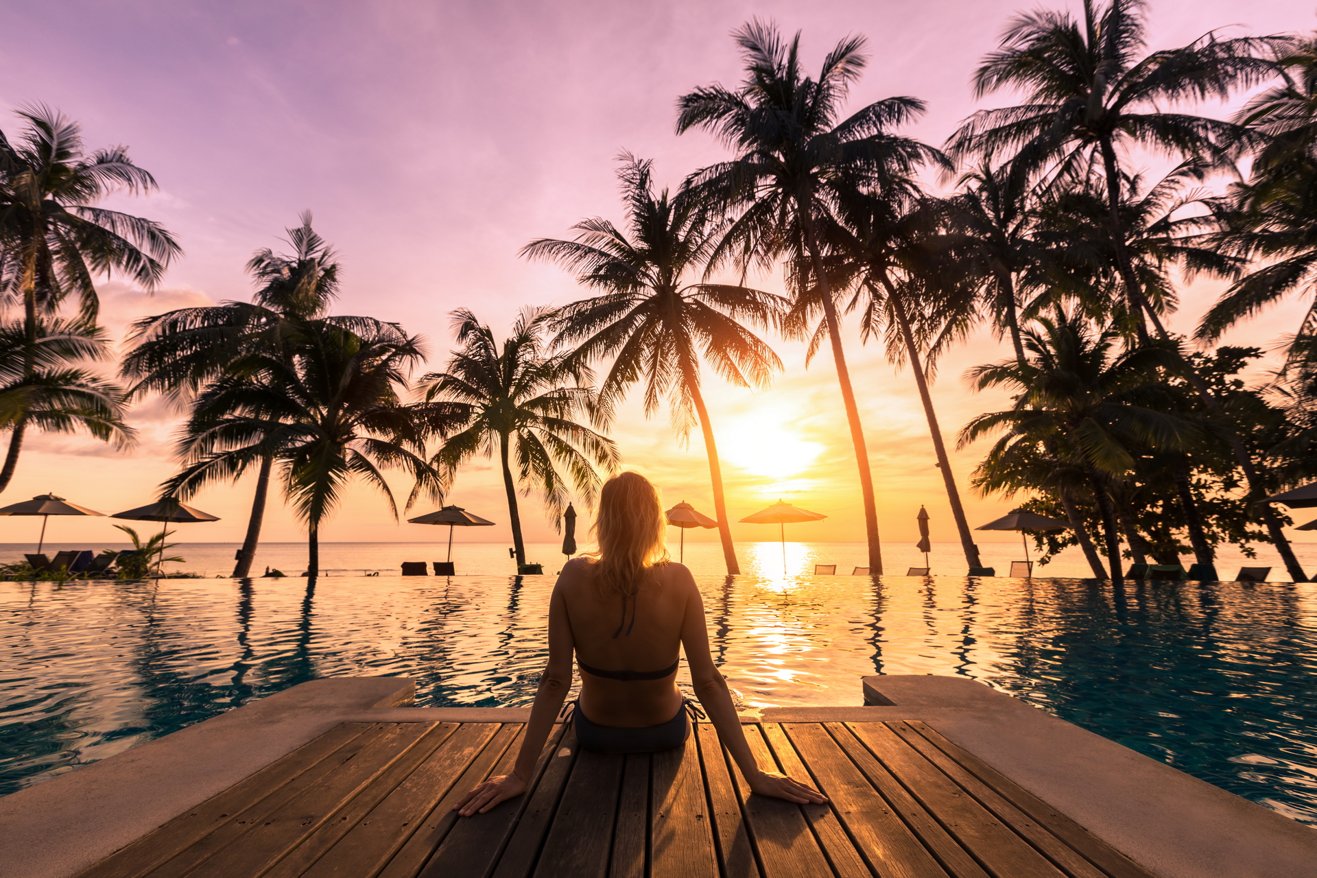 bikini, women, ocean, palm tree, relax