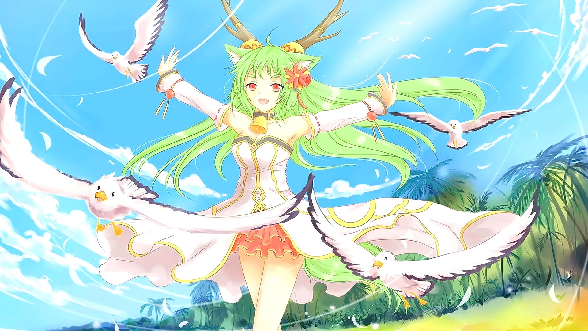 Download mobile wallpaper Anime, Sky, Bird, Cloud, Green Hair, Original, Red Eyes, Long Hair, Animal Ears for free.