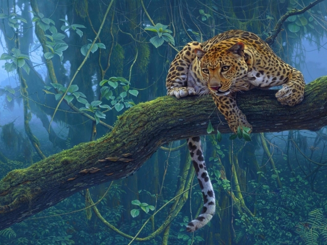 Скачать картинку Животные, Леопард, Туман, Ветка, Джунгли, Кошки, Ответвляться, Тропический Лес в телефон бесплатно.