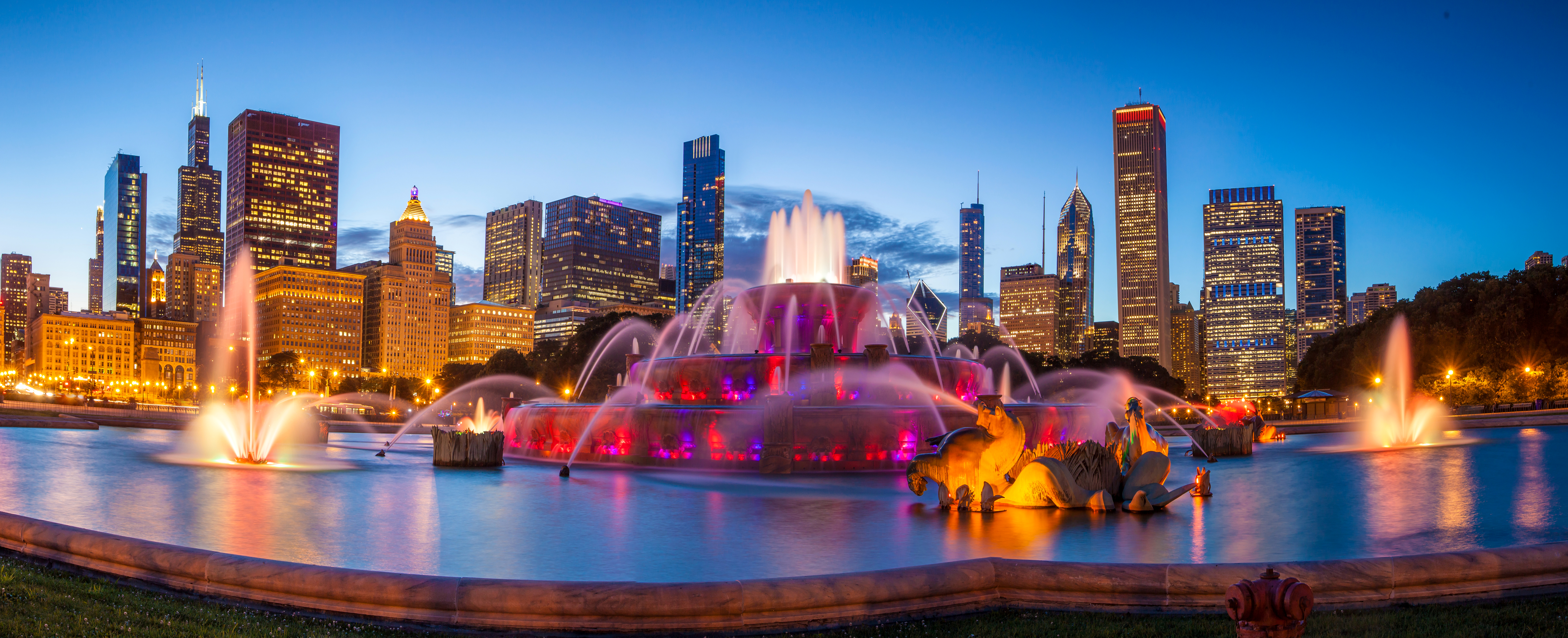 Download mobile wallpaper Cities, Night, Fountain, Usa, City, Skyscraper, Building, Chicago, Man Made for free.