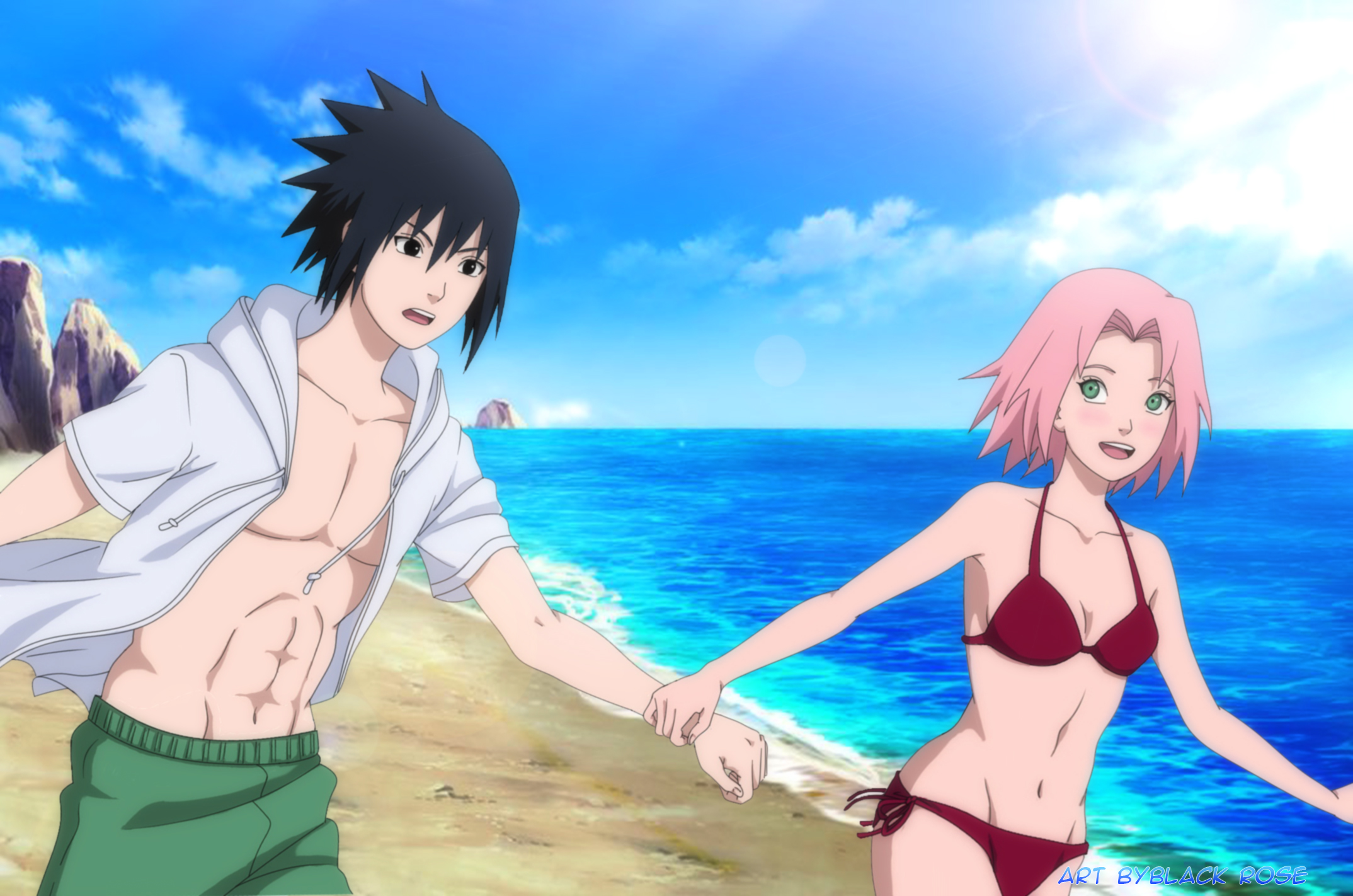 Laden Sie das Strand, Sommer, Naruto, Animes, Sasuke Uchiha, Sakura Haruno-Bild kostenlos auf Ihren PC-Desktop herunter