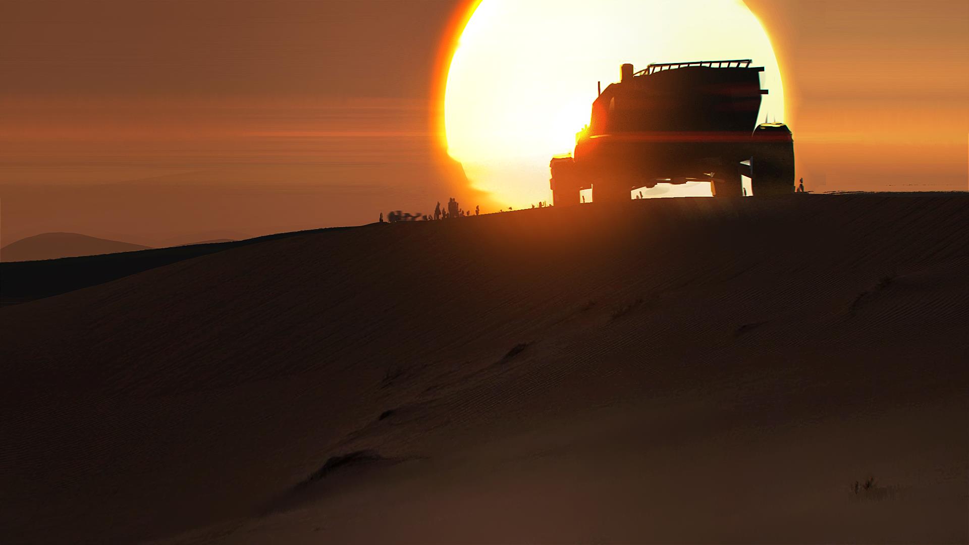 Download mobile wallpaper Sunset, Sun, Sand, Silhouette, Sci Fi, Dune, Vehicle for free.