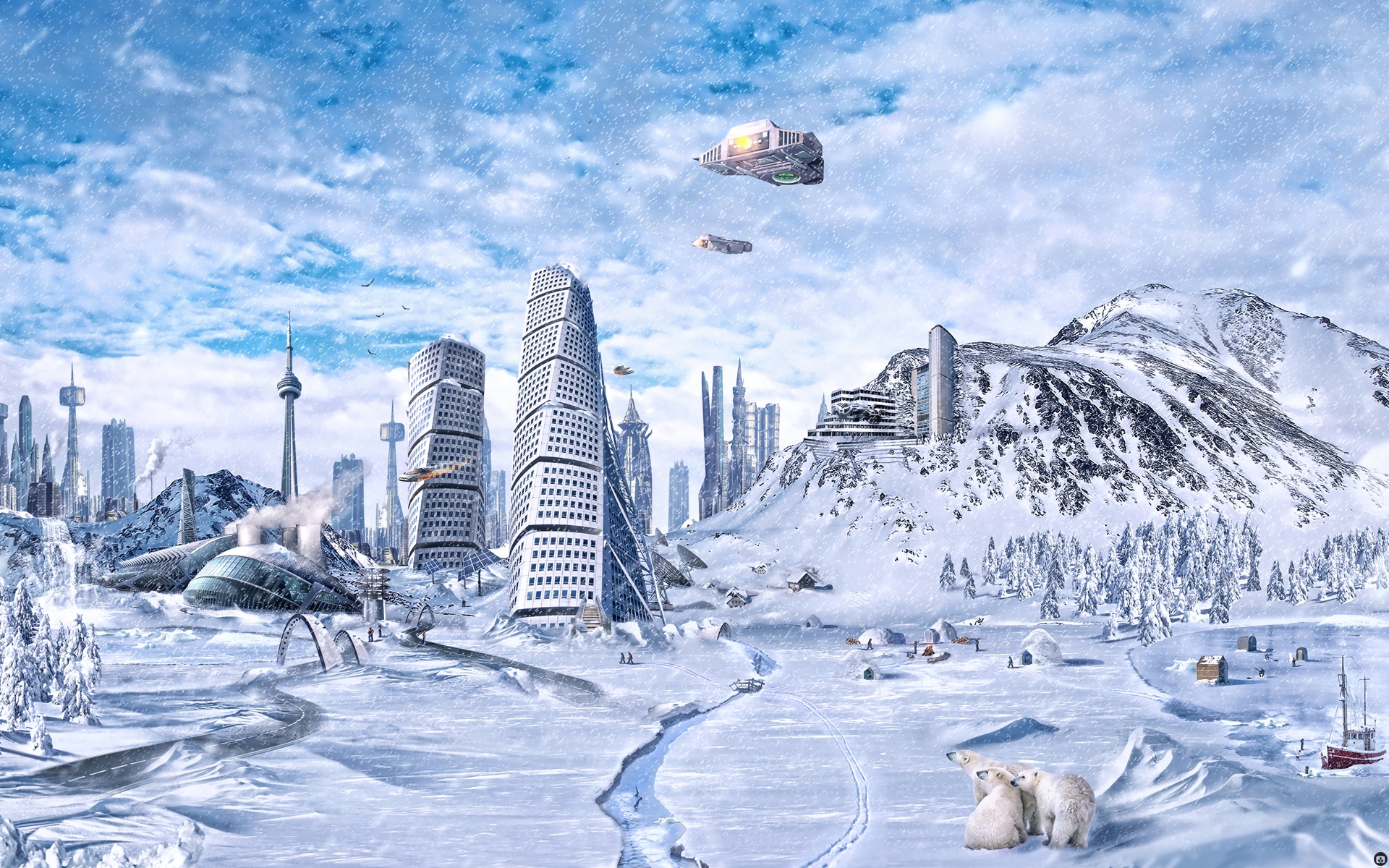 Скачать обои бесплатно Снег, Город, Космический Корабль, Научная Фантастика картинка на рабочий стол ПК