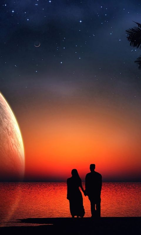 Download mobile wallpaper Fantasy, Sunset, Night, Couple, Artistic, Romantic for free.