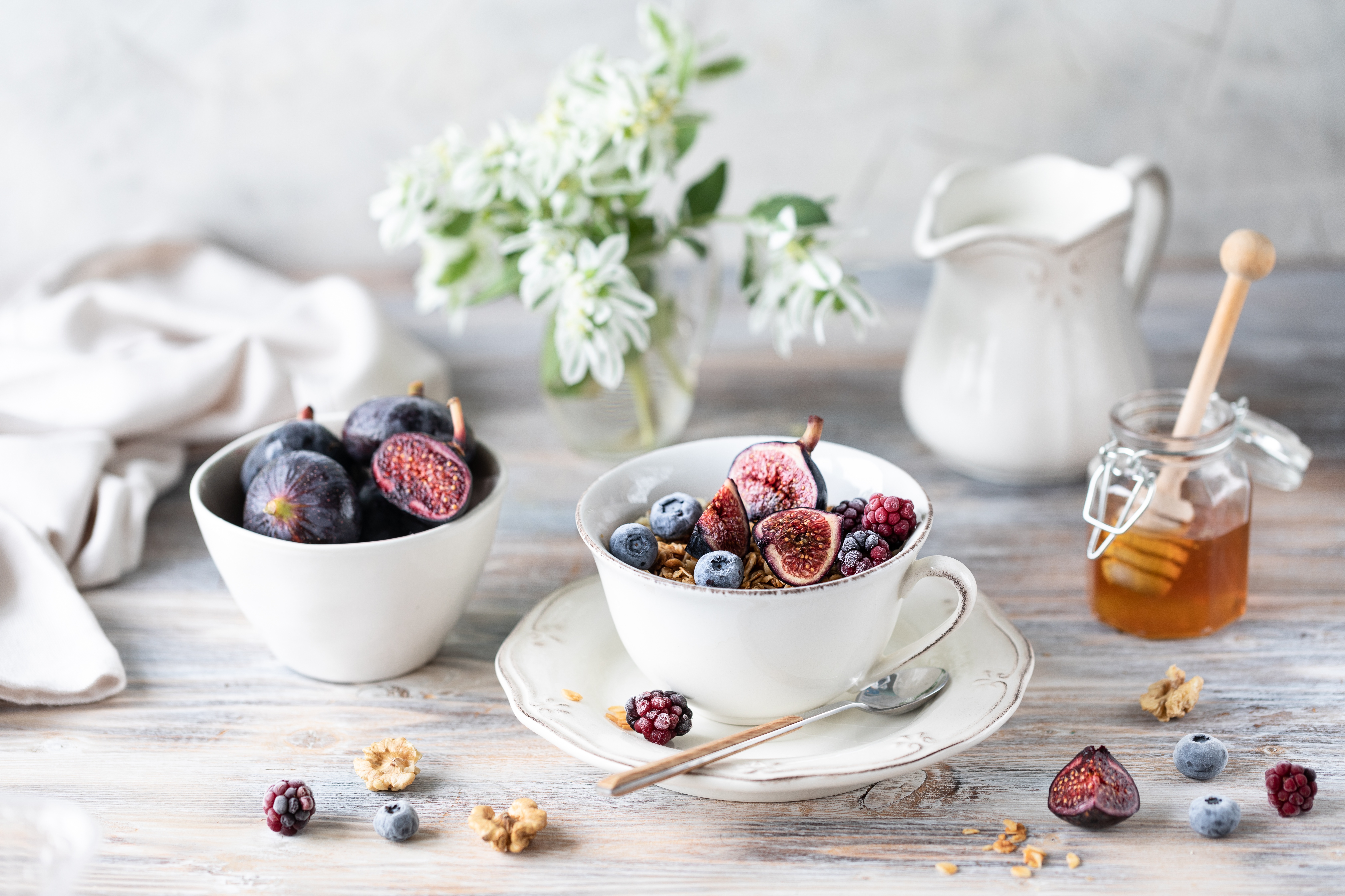 Download mobile wallpaper Food, Still Life, Berry, Fruit, Honey, Fig, Breakfast for free.